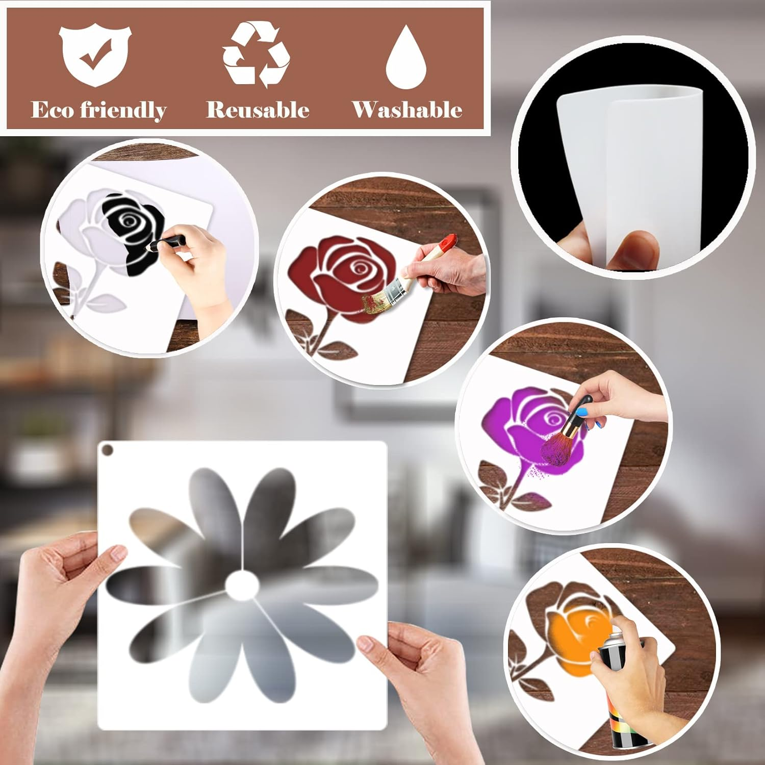 Flower Stencils for Painting on Wood Cute Leaf Floral Essential Paint Stencil for Walls Decorative Acrylic Painting, Art Rock Airbrush Layered Templates for Crafts Canvas Furniture Wooden (Flower) image number 6