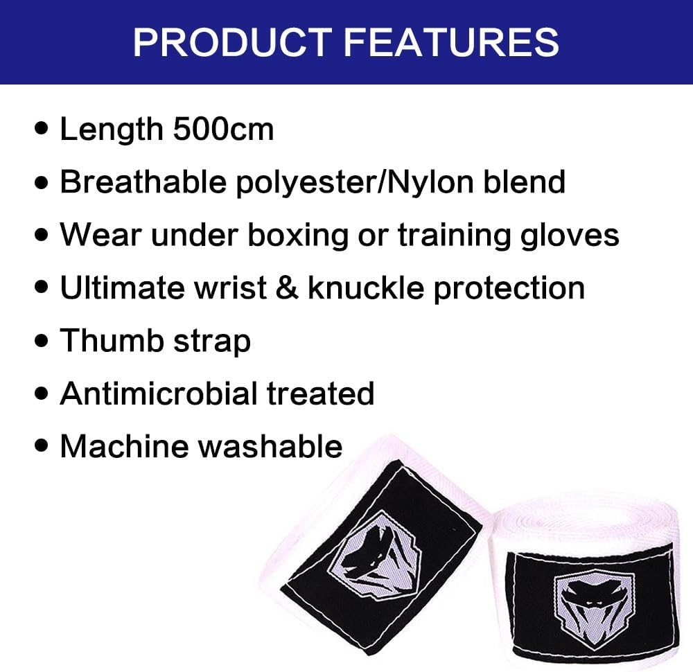 JZS Boxing Hand Wraps, 5 Meters Semi Elastic Hand Wraps with Thumb Loop for Boxing Great Stretch Hand Wraps for Men & Women(White) image number 1