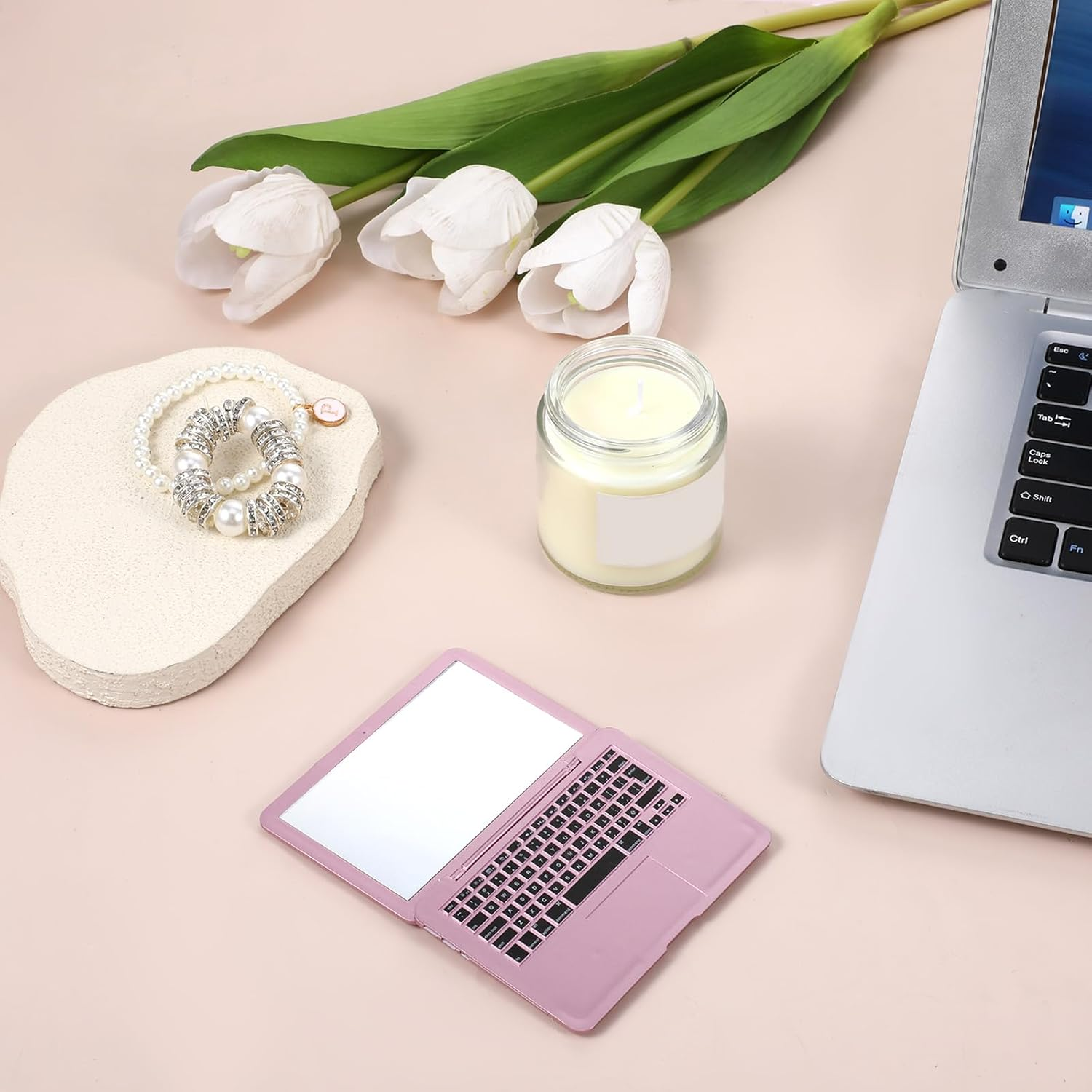 Psyqtsuary Mini Laptop Mirror, 1 Pcs Pocket Size Laptop Shaped Mini Makeup Mirror Portable Small Compact Folding Computer Mirror for Dollhouse Pet Travel Home Makeup Decorations (Rose Gold) - Silver image number 6
