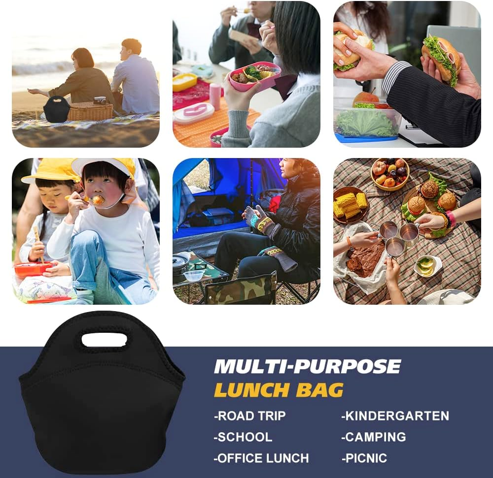 2 Pcs Black Neoprene Lunch Bag, Lunch Bags for Women, for Girl Boy Teens, Insulated Lunch Bag, Thermal, Reusable and Foldable Lunch Bag with Zipper for Adult Nurse School Work Travel Picnic (Black) image number 1