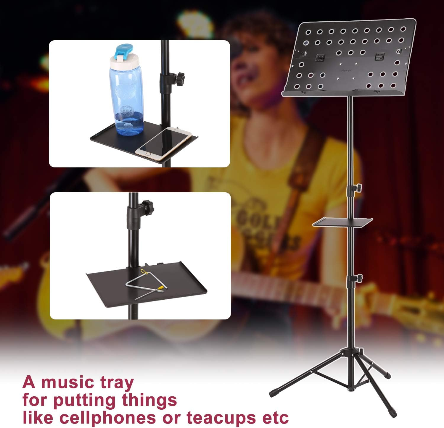 IMAGE 55-160 Cm Sheet Music Stand Adjustable and Foldable Travel Metal Music Stand with Music Tray, Carrying Bag, and Music Sheet Clip Holder for Instrumental Performance image number 5