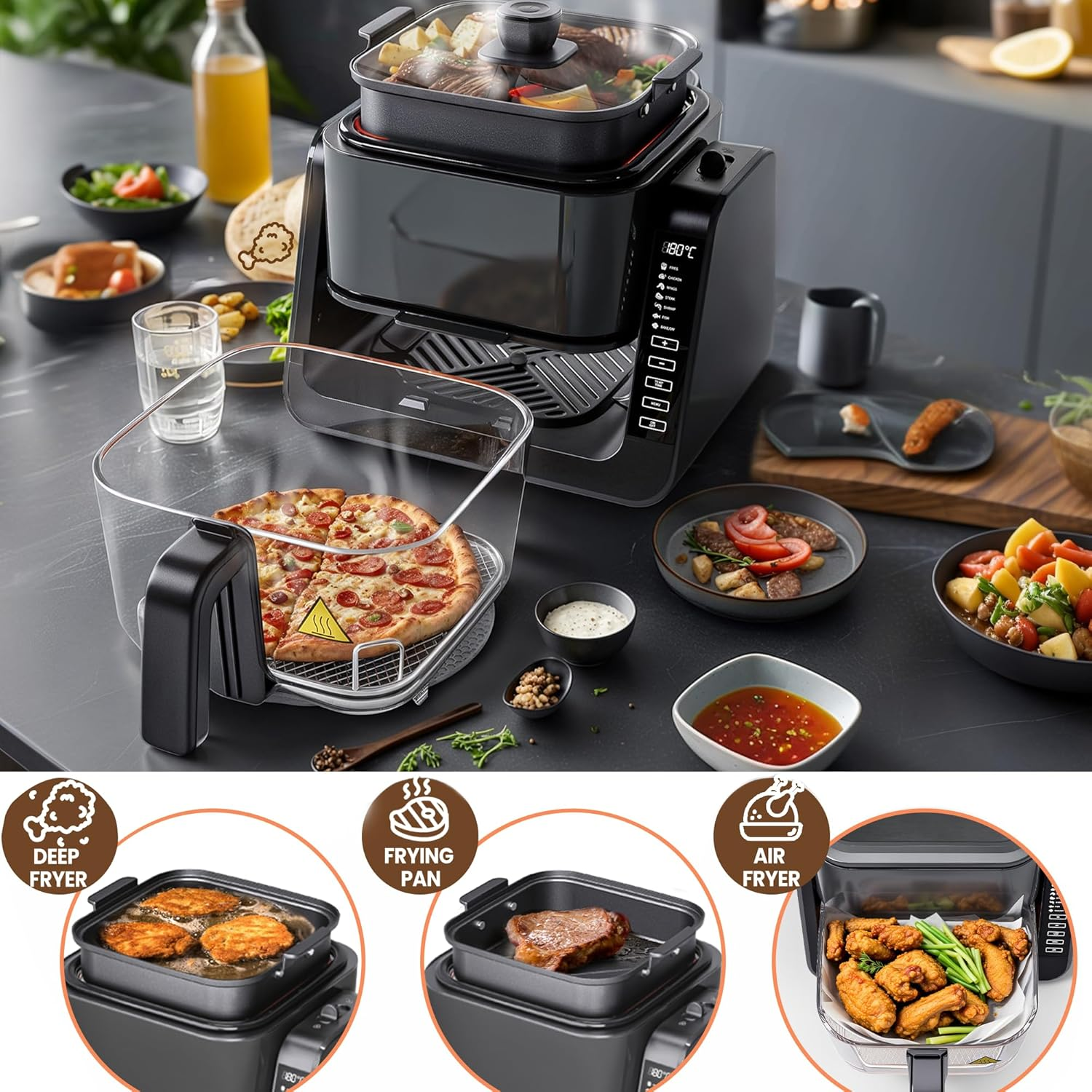 Advwin Multi-Function Air Fryer BBQ, Dual Zone Air Fryer & Top Grill, 7-In-1 Electric Cooker with Touch Screen, 4L Oil-Free Oven for Frying, Baking, Grilling, Roasting | Top Grill & Bottom Fryer image number 2