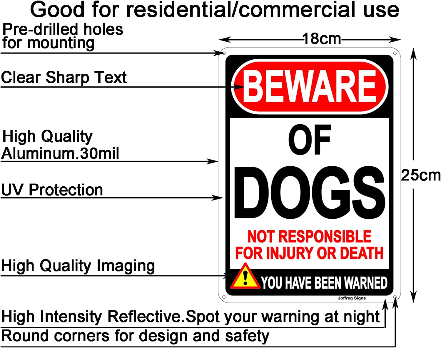 Joffreg Beware of Dogs Sign,Dog Warning Sign,18 X 25 Cm,Reflective Aluminum,Uv Printed,Weather Resistant,Waterproof,Durable Ink,Easy to Mount,Indoor or Outdoor Use,2 Pack image number 5