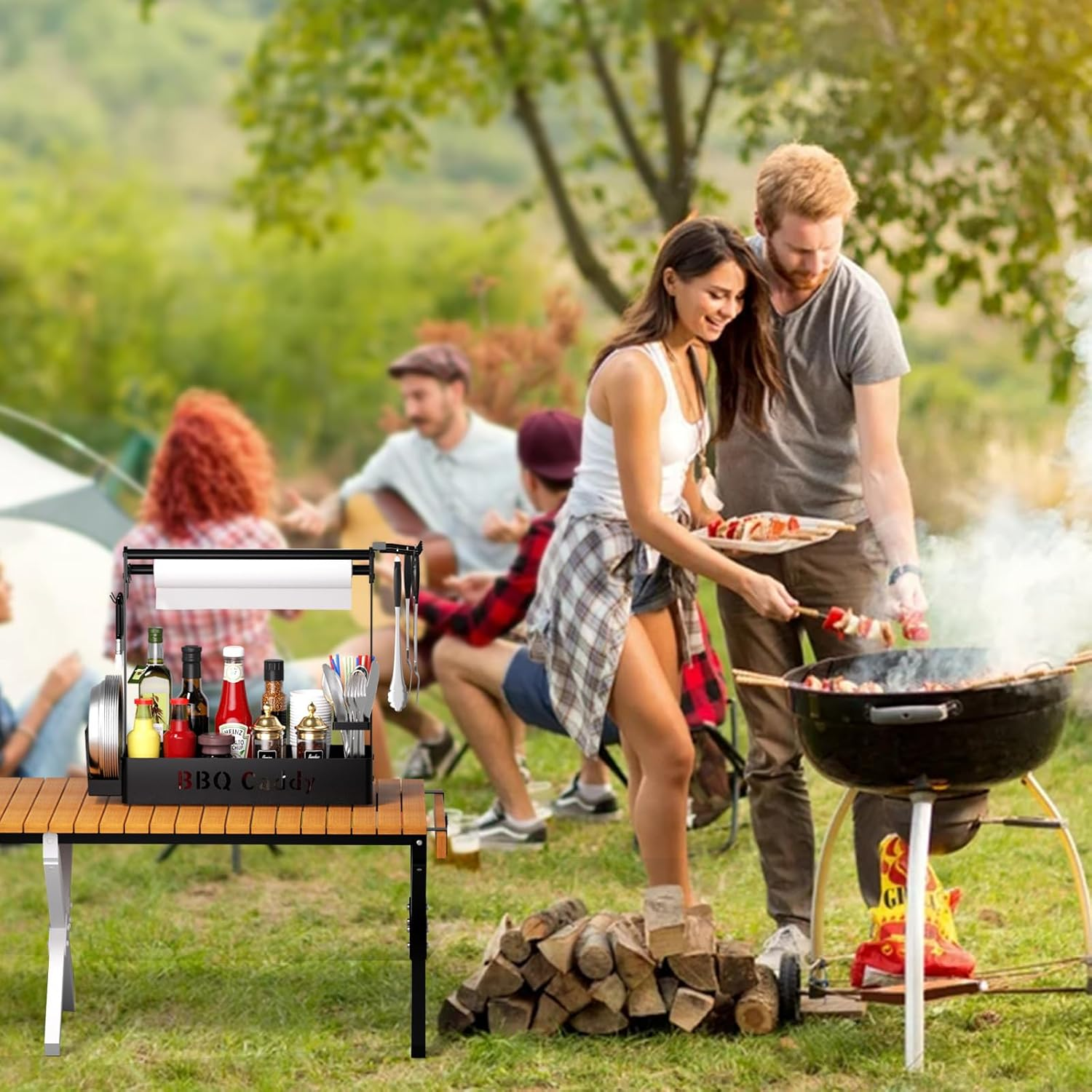 ZDDLOINP Grill Caddy with Paper Towel Holder, Plate Cutlery & Flatware Organizer, Picnic Condiment Caddy with 4 Hooks for Outdoor Barbecue Accessories image number 2