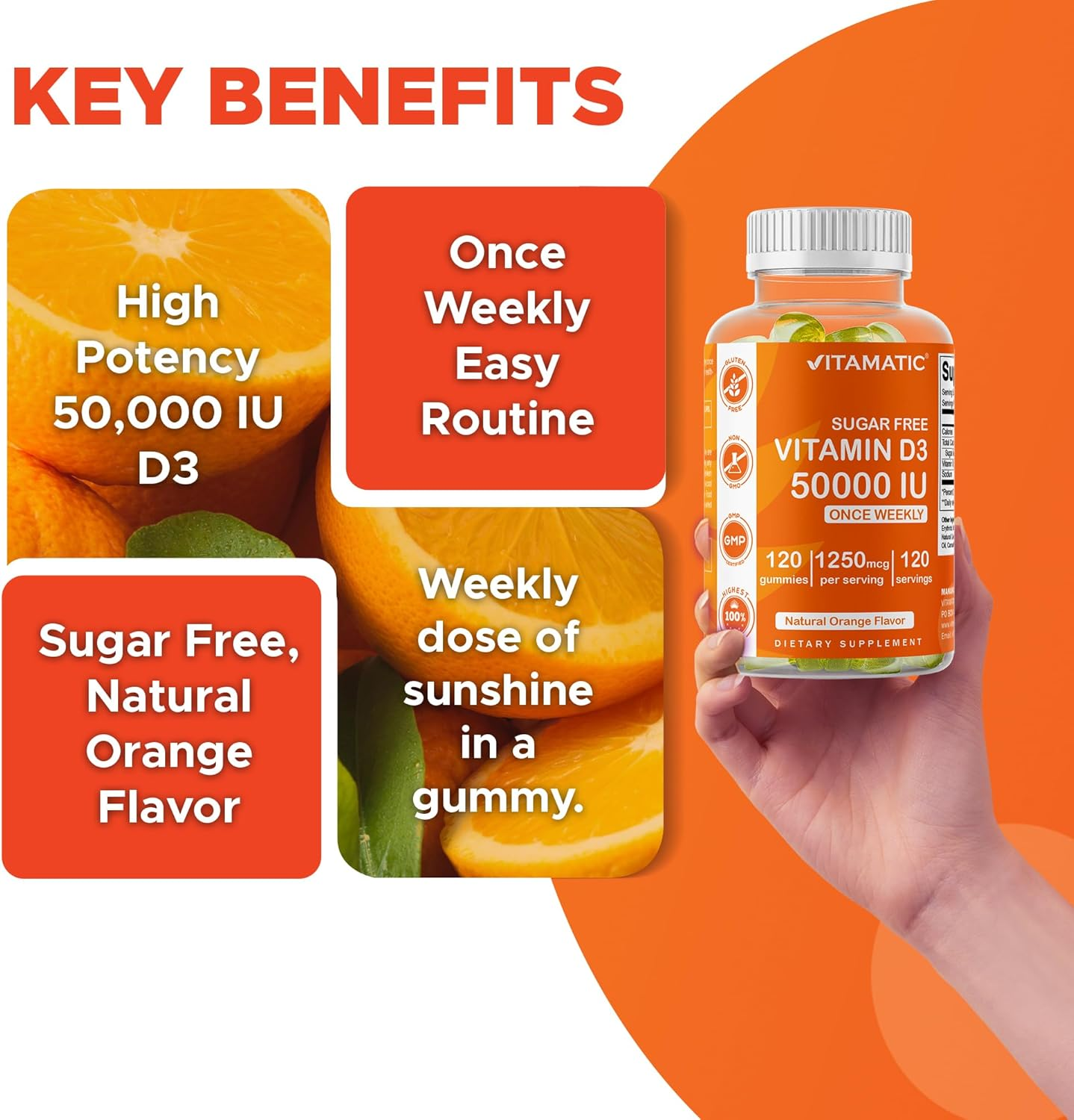 Vitamatic Sugar Free Vitamin D3 Gummies, 50,000 IU Weekly, 120 Pectin Based, for Bones, Teeth and Immune Support