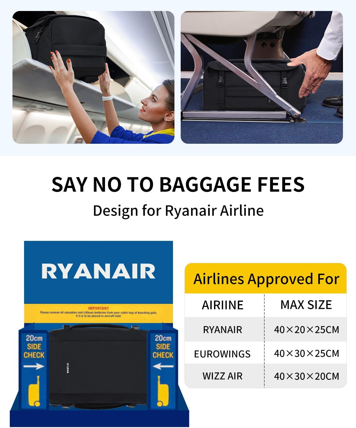 ECOHUB for Ryanair Cabin Bags 40X20X25, 20L Underseat Carry on Backpack with 14&rdquo; Laptop Compartment, Water-Resistant Travel Hand Luggage Bag, Recycled Rucksack with Anti-Theft Pocket - Dark Blue image number 7