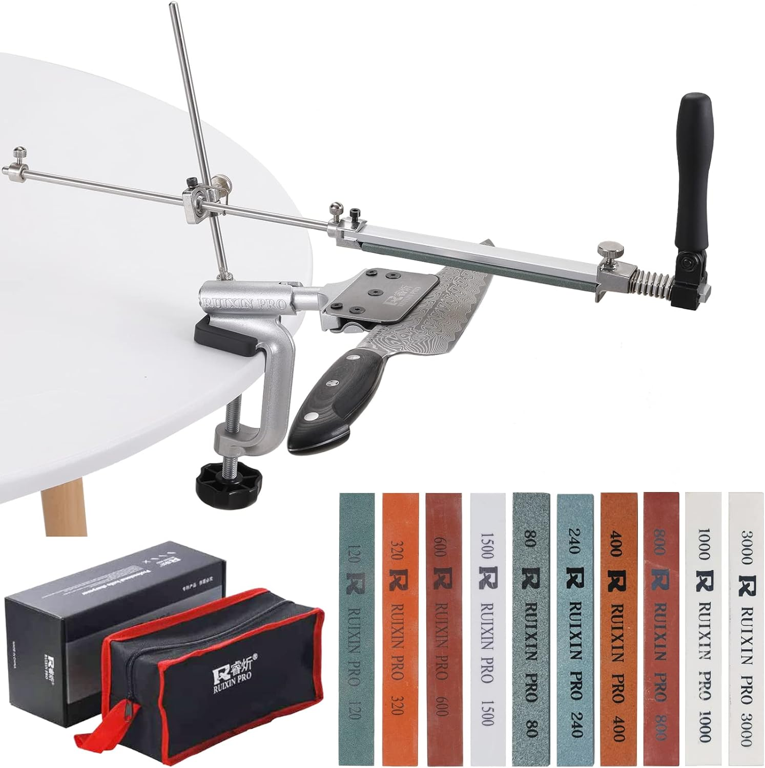 Huanlemai RUIXIN PRO RX-008 Kitchen Knife Sharpener System with 10Whetstones,360Deg Rotation Flipdesign,Fixed-Angle Stainlesssteel Profess. Chef Knife Sharpening Kit Blades Finegrinding Polishing Tool image number 6