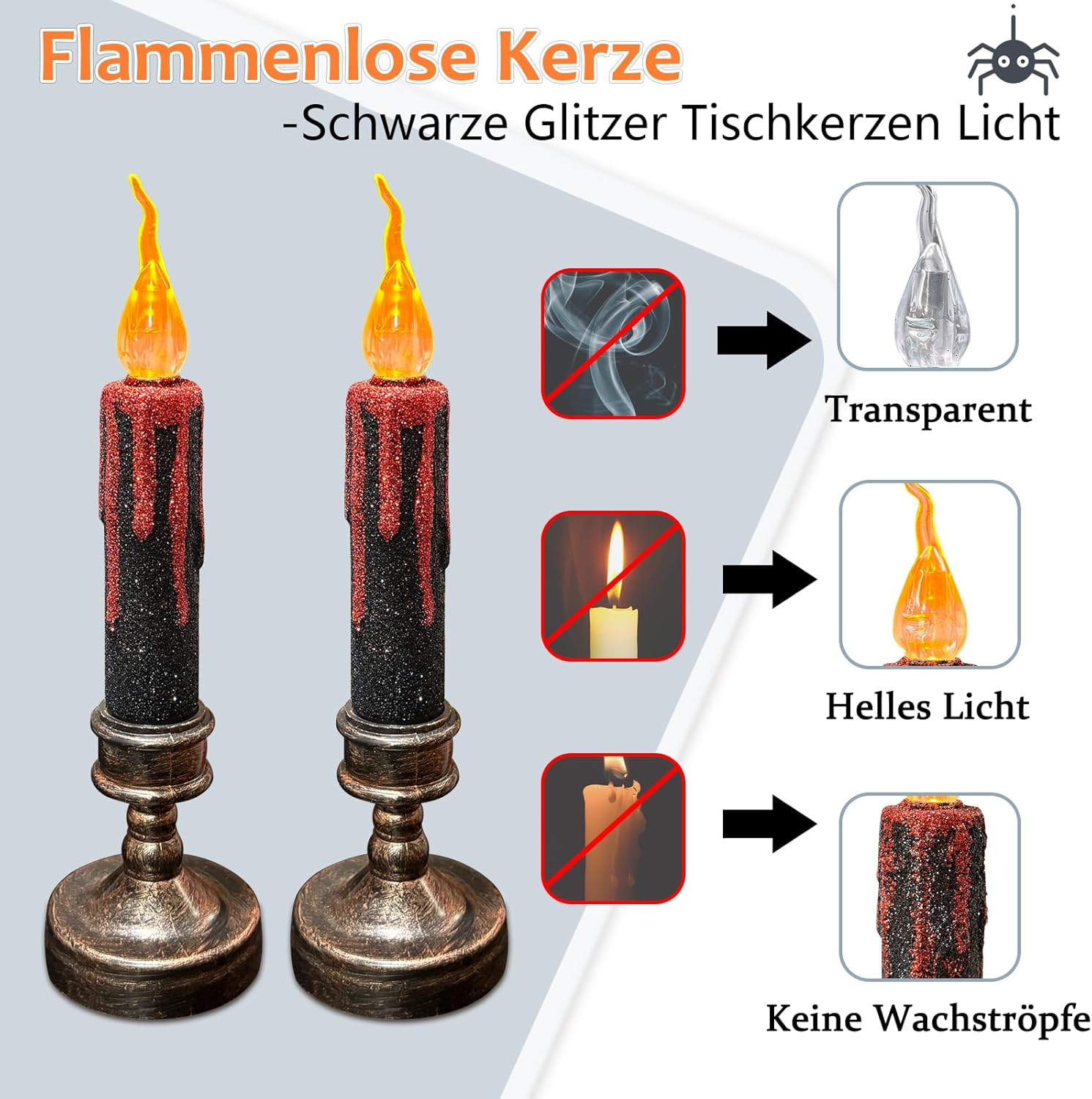 TINYOUTH 2 X 21 Cm Large LED Candles for Halloween, Christmas, Black Glitter Table Candles, Light Batteries Included for Wedding Party, Anniversary, Engagement Decoration image number 5