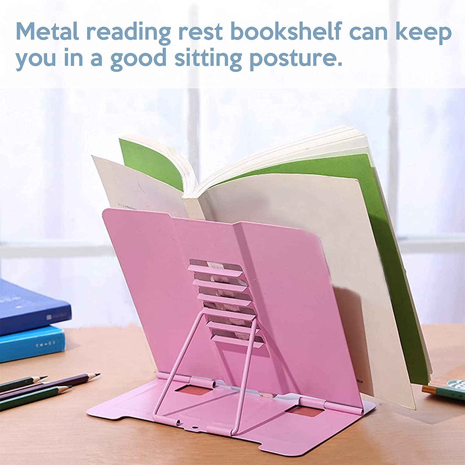 Desk Book Stand Worthplanet Metal Reading Rest Book Holder Lightweight Bookstand with 6 Adjustable Angles and Paper Page Clip for Textbook, Recipe, Magazine, Paper Tablet W160002 (Pink)