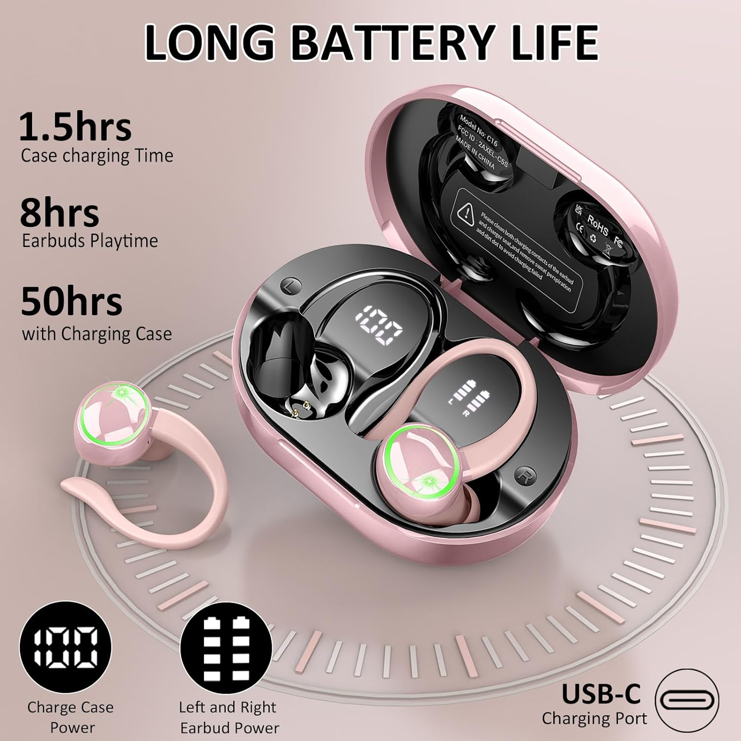 Matast Wireless Earbuds, Bluetooth Headphones Sports, IP7 Waterproof Headset with Earhook Workout, 50H Playback Over-Ear Buds with ENC Noise Cancelling Mic, Deep Bass Fitness Earphones Gym Running image number 1