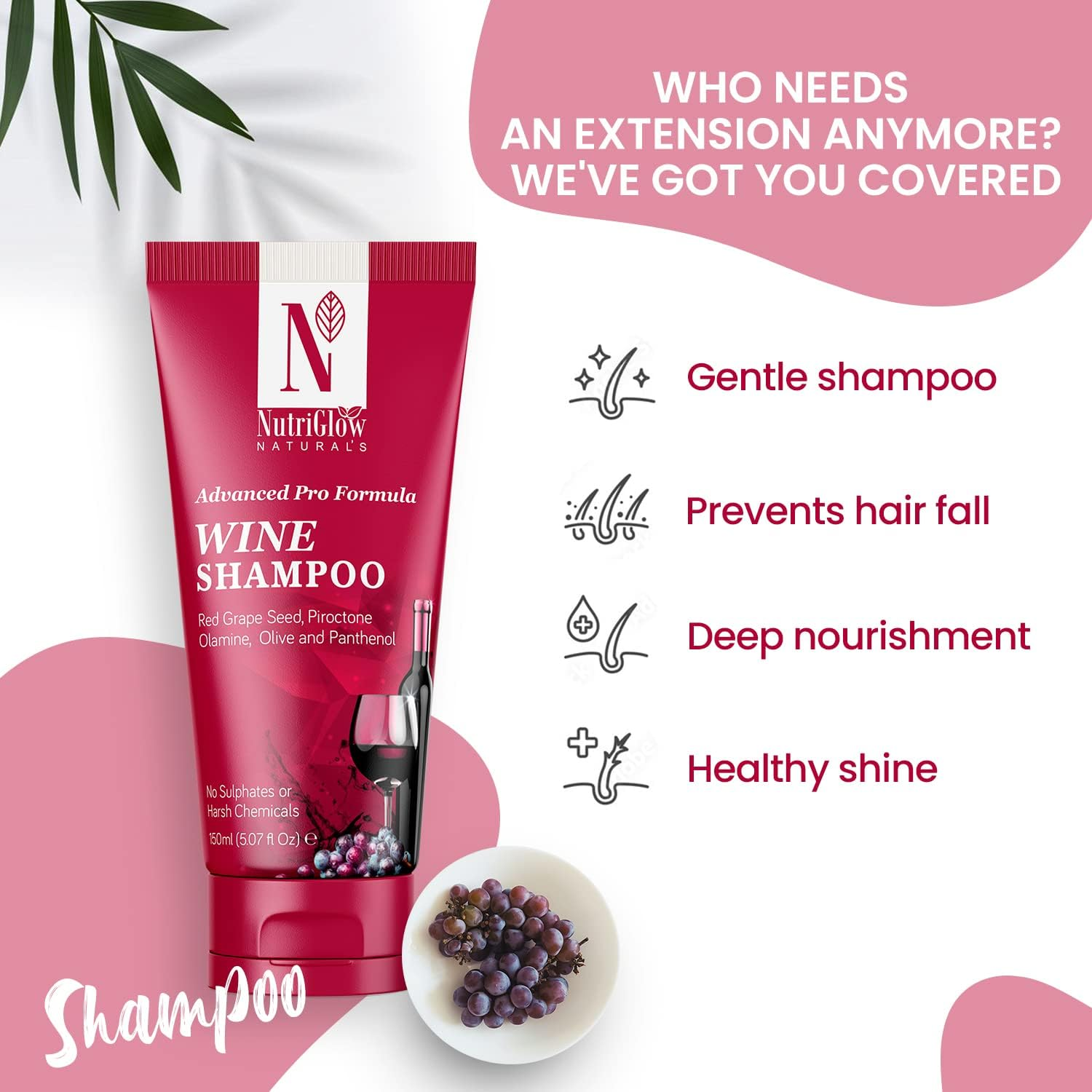 Nutriglow Natural'S Advanced Pro Formula Wine Shampoo for Hair Fall Control, Sulphate Free Women and Men All Hair Types, 150Ml image number 4