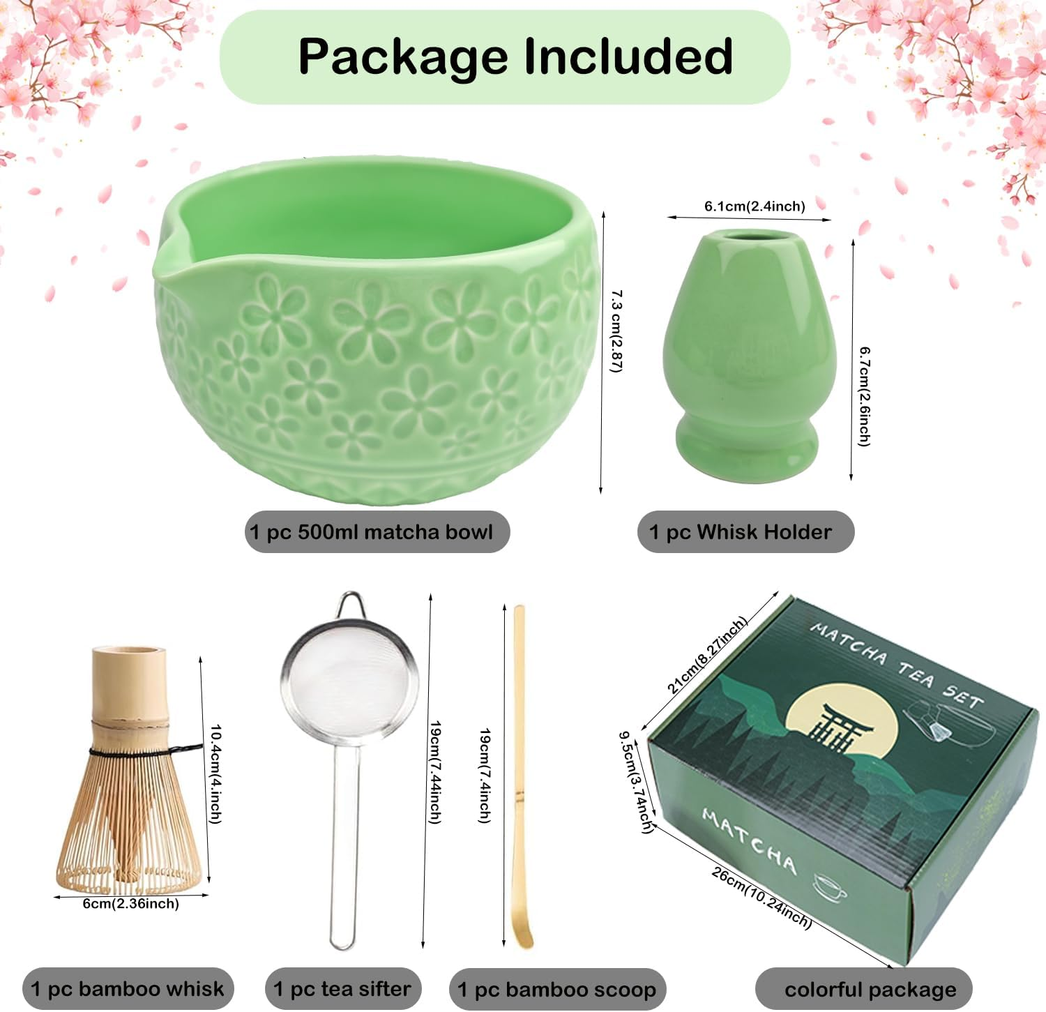 Matcha Whisk Set,5-Piece Ceramic Japanese Matcha Set Includes Matcha Bowl, Matcha Whisk and Holder, Bamboo Scoop, Scoop Rest, Sifter and Tea Towel - Matcha Kit for Matcha Lovers (Green) image number 4