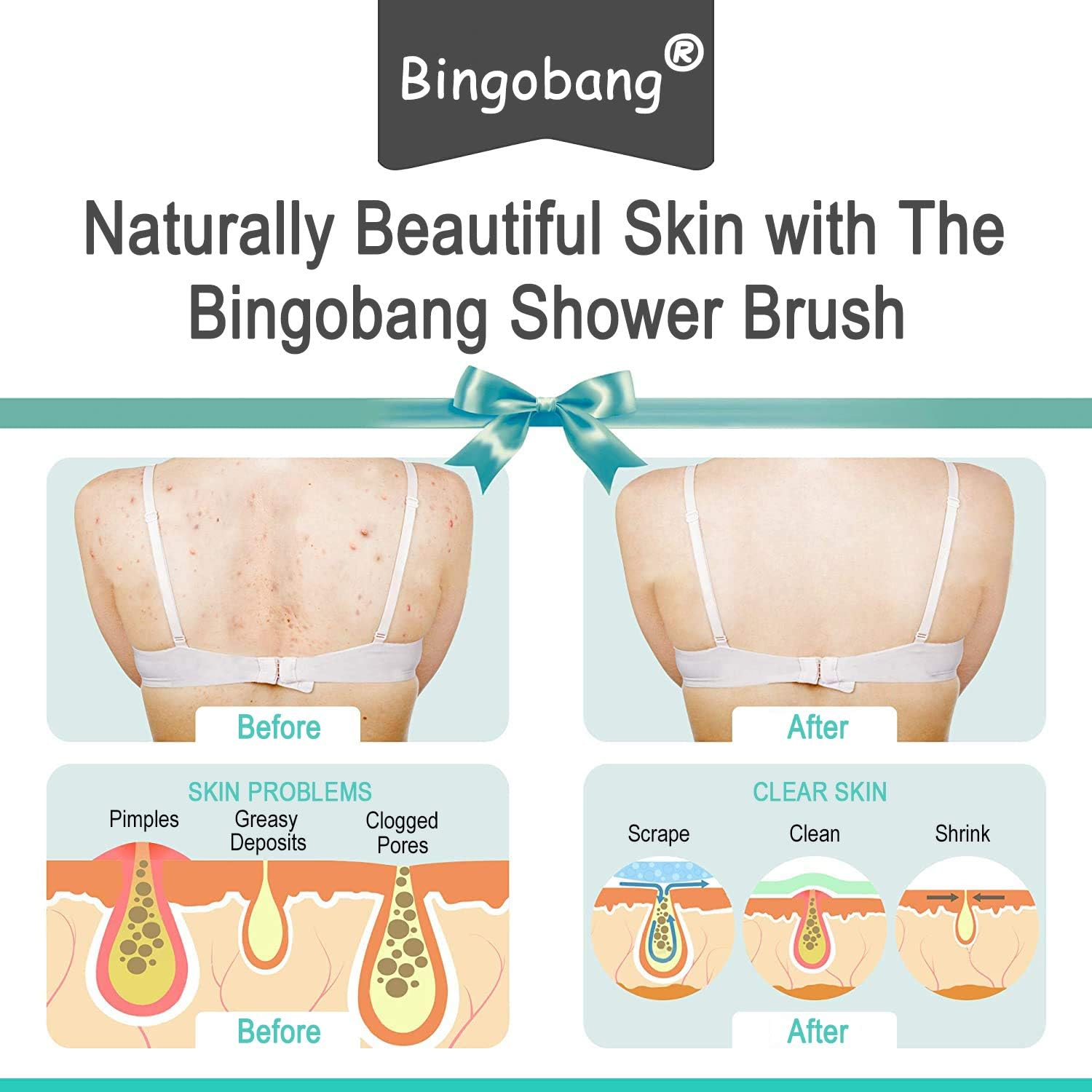 Bingobang Shower Brush for Exfoliating Skin,Wet Dry Body Brush with Long Wood Handle,Bath Back Cleaning Scrubber for Cellulite,Lymphatic Massage,Blood Circulation,Foot Exfoliate Soft Stiff Bristles image number 3