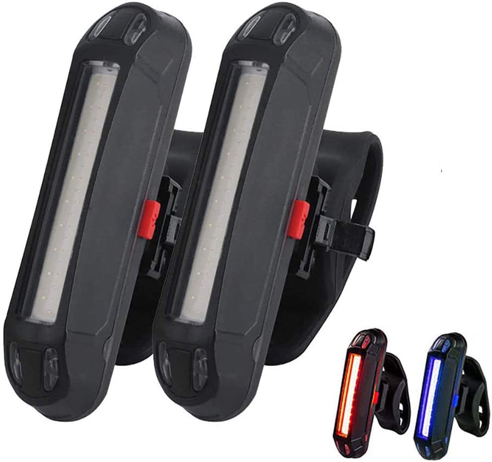 2 Pack Rear Bike Tail Light, Ultra Bright USB Rechargeable Bicycle Taillights, Red/Blue High Intensity Led Accessories Fits on Any Bike or Helmet. Easy to Install for Cycling Safety