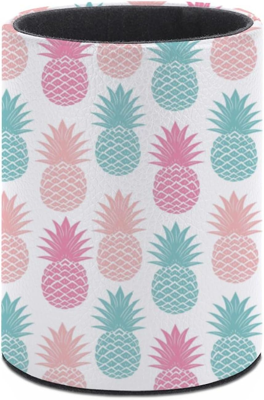 Quteprint round Pencil Holder for Desk, Colorful Summer Pineapple Pen Holder Desktop Pencil Pen Cups Pen Organizer Makeup Organizer Storage Box for Home Office Teacher, Leather image number 1