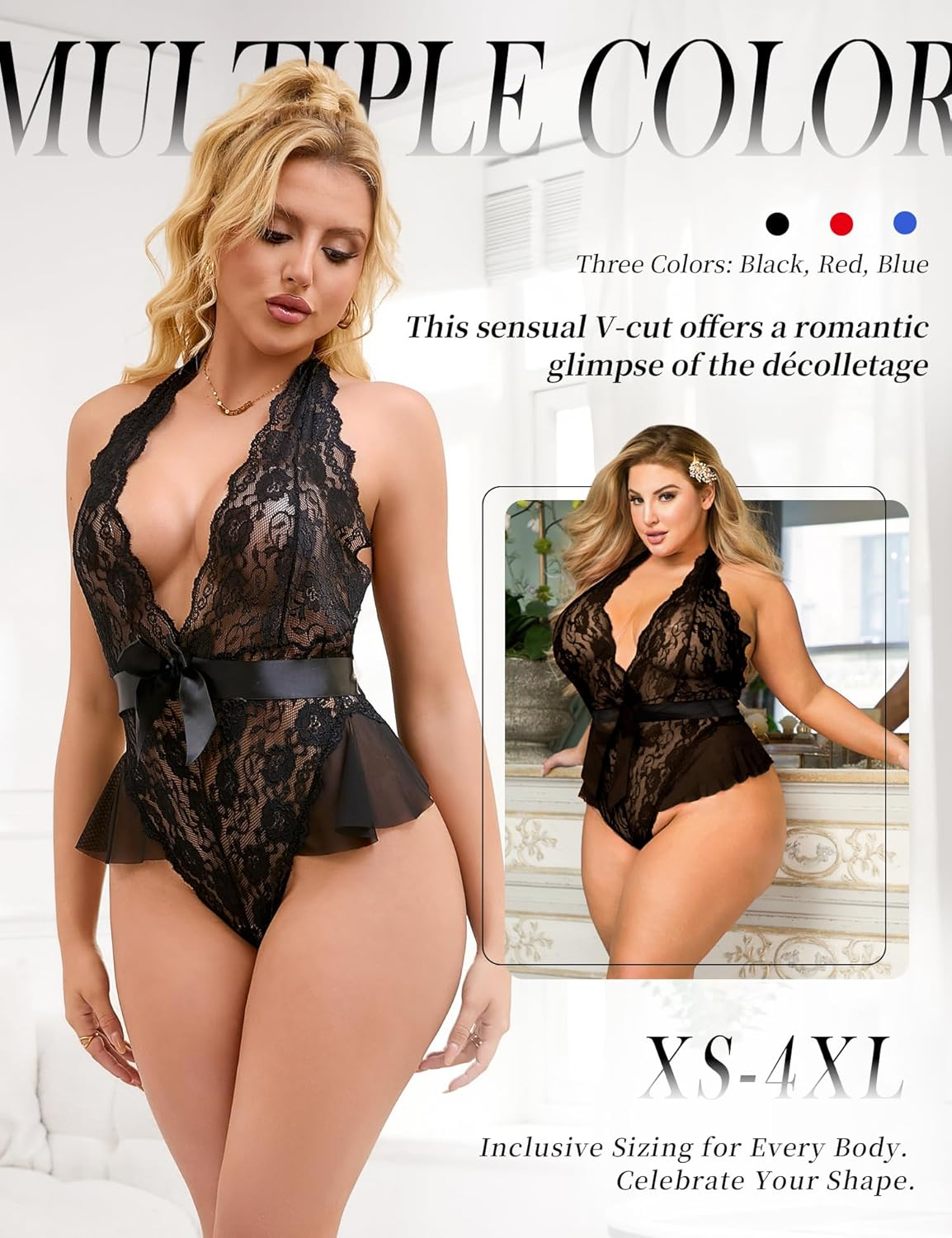 Ohmydear Women'S Lace Bodysuit plus Size Teddy Lingerie Set Sexy Babydoll Nightwear Deep V Neck Halter Negligee Outfit Clubwear Leotard Top Size 8-22 image number 2