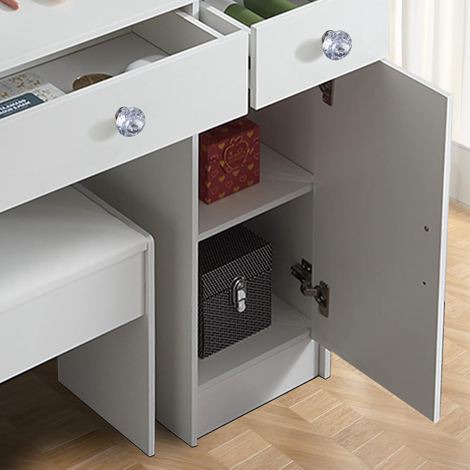 Vanity Table with Mirror and Lights, Vanity Table with 3 Drawers and 2 Doors, Makeup Table with Shelves and Stool, Large Vanity Set for Girls and Women, White image number 5