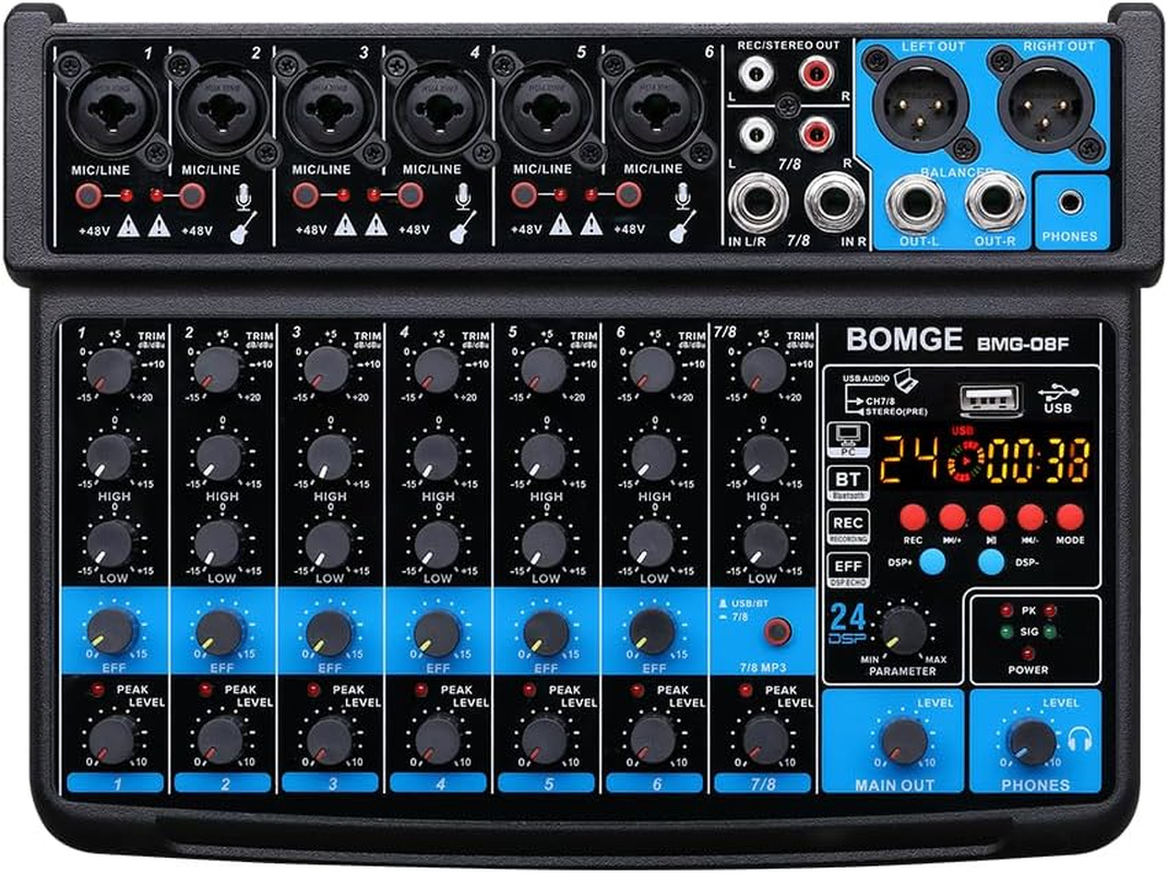 BOMGE 8 Channel Mini Audio Mixer Line Mixer, DC 5 V, with MP3 Player, Bluetooth, U Disk 48 V, 24DSP Effects, USB Recording Ideal for Small Clubs or Bars, Studio Recording (8 Channels-Black) image number 2