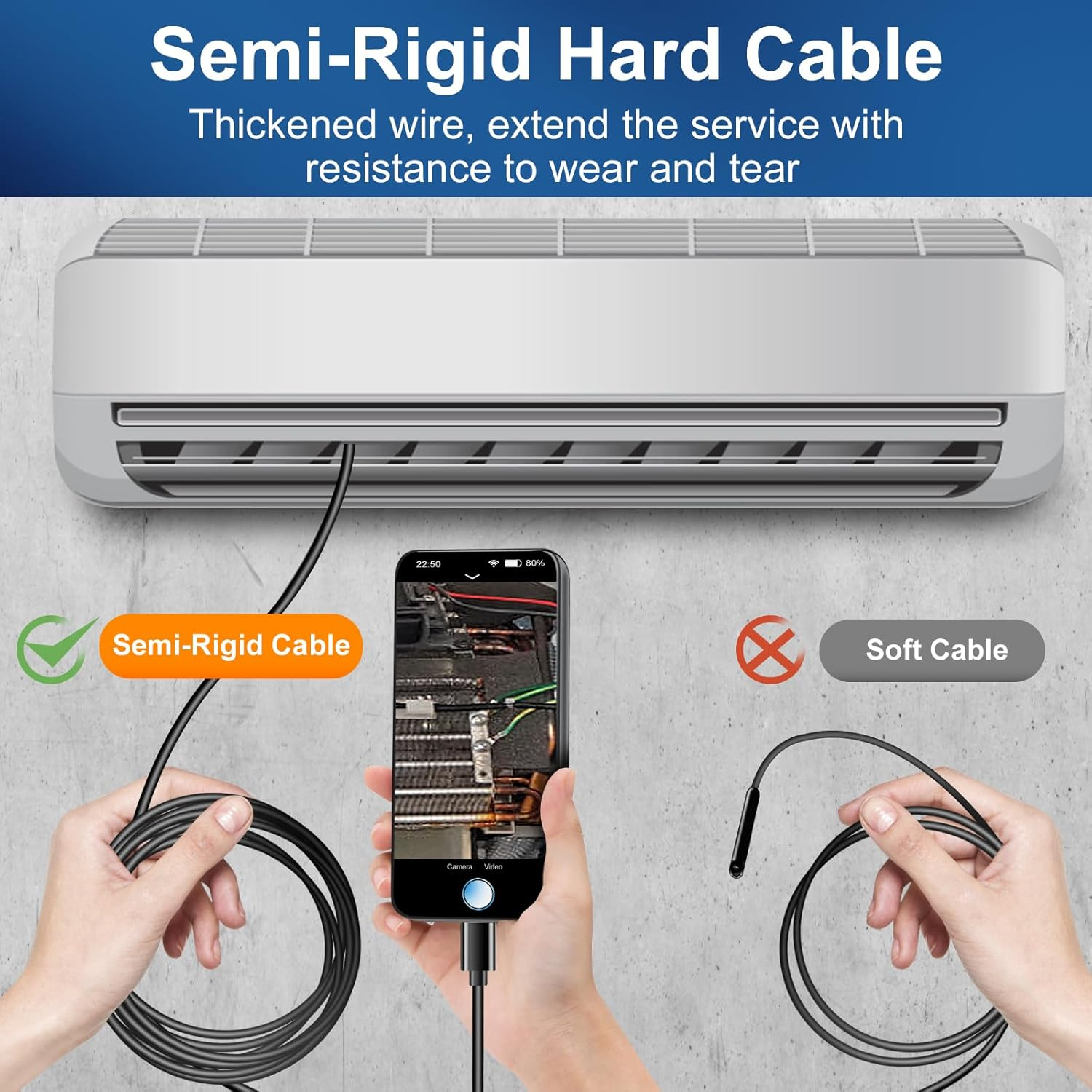 [Dual Lens] Endoscope Inspection Camera by AURTEC, Dual HD Lens, IP68 Waterproof, 11.5FT/3.5M Semi-Rigid Cable, Borescope Camera with LED Lights, Compatible with Android and Ios Devices image number 3