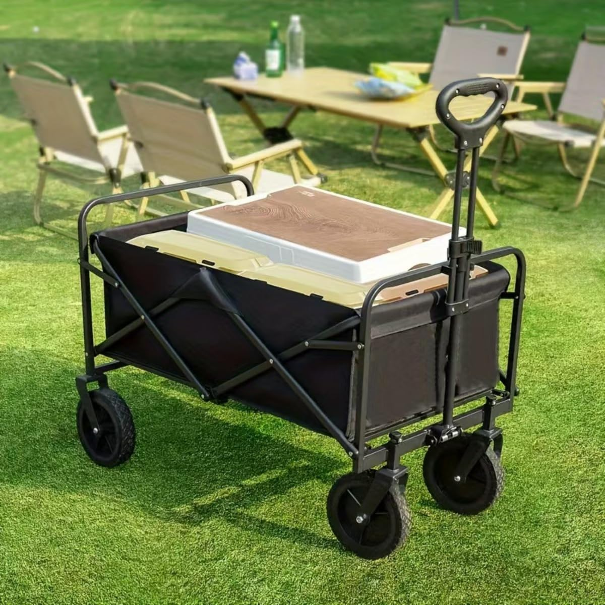 Collapsible Wagons Carts Foldable, Wagon Cart with Wheels, Heavy Duty Wagon 80L, 100Kg Beach Cart, 5CM Wide Big Wheels & Adjustable Utility Wagon, Garden Cart, Yard Cart, Small Wagon (Black) image number 5