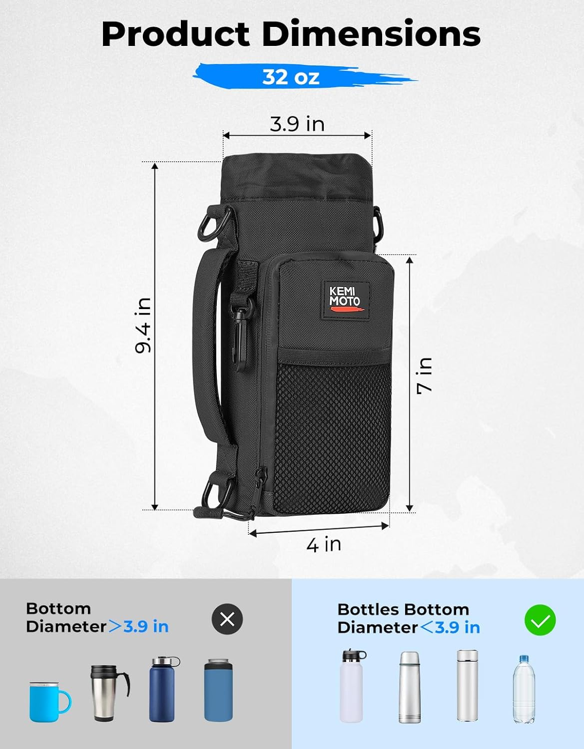 KEMIMOTO Water Bottle Holder Bag, Water Bottle Carrier with Shoulder Strap and Side Handle Strap, Water Bottle Cup Holder for Hiking Biking Camping Fishing, Compatible with YETI Stanley SLM 32 Oz image number 1