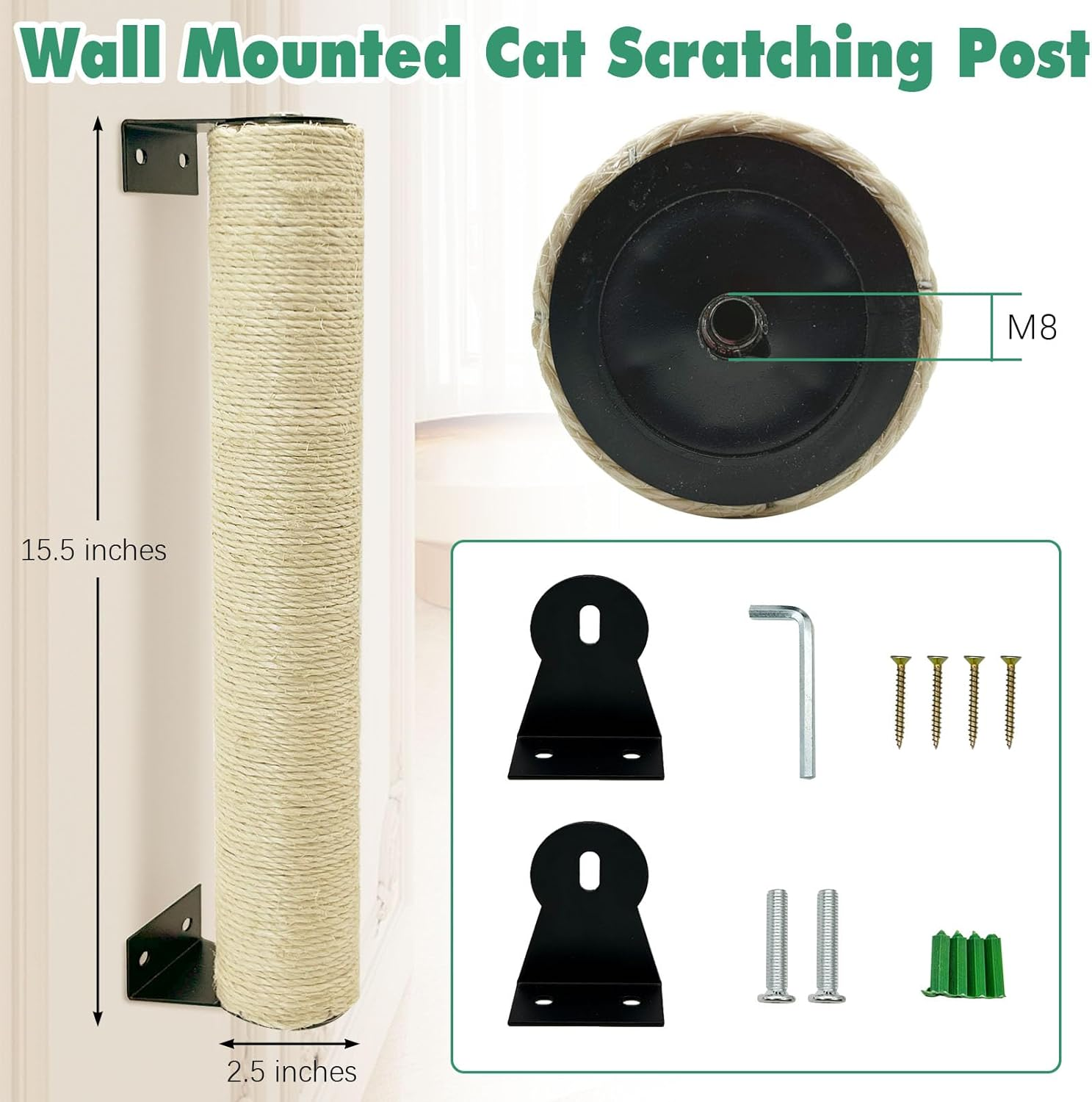 Apatal Wall Mounted Scratching Post for Cats 16 Inches Sisal Rope Cat Wall Scratcher Posts Wall Mount Cat Furniture for Indoor Kittty to Scratch and Climbing with Feather Toys image number 4