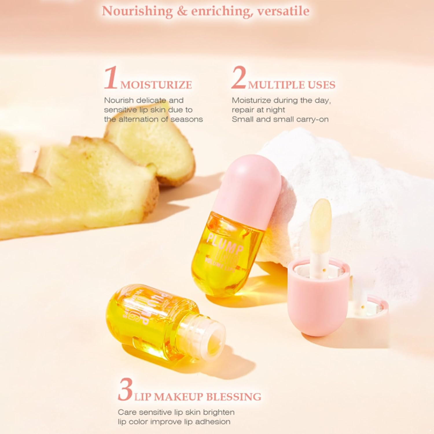 FEESHOW 2-Piece Ginger Lip Oil Set, 8Ml Daily Conditioning Plumper for Hydrated Fuller Looking Lips Yellow One Size image number 4