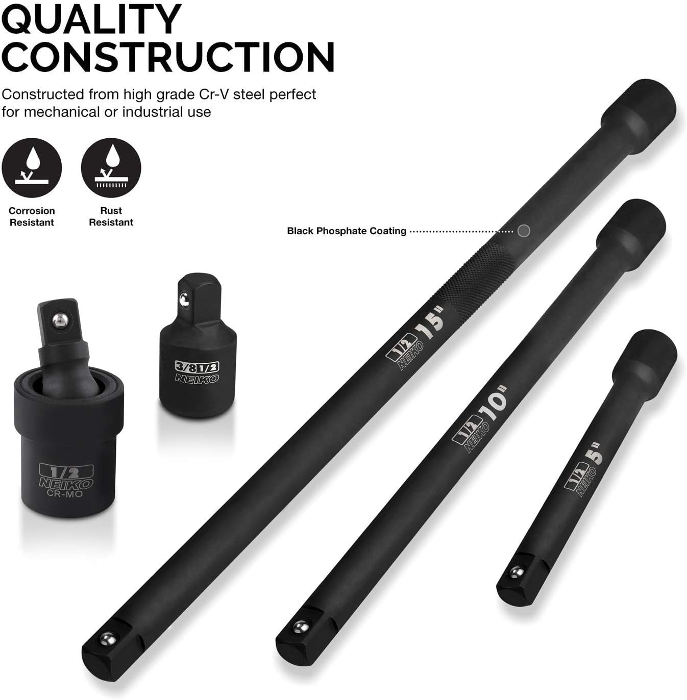 Neiko 00256A 1/2-Inch Drive Impact Extension Bar and Adapter Set, 5-Piece | Includes 5, 10, 15-Inch Extension Bars, Universal Joint, and Reducer image number 2