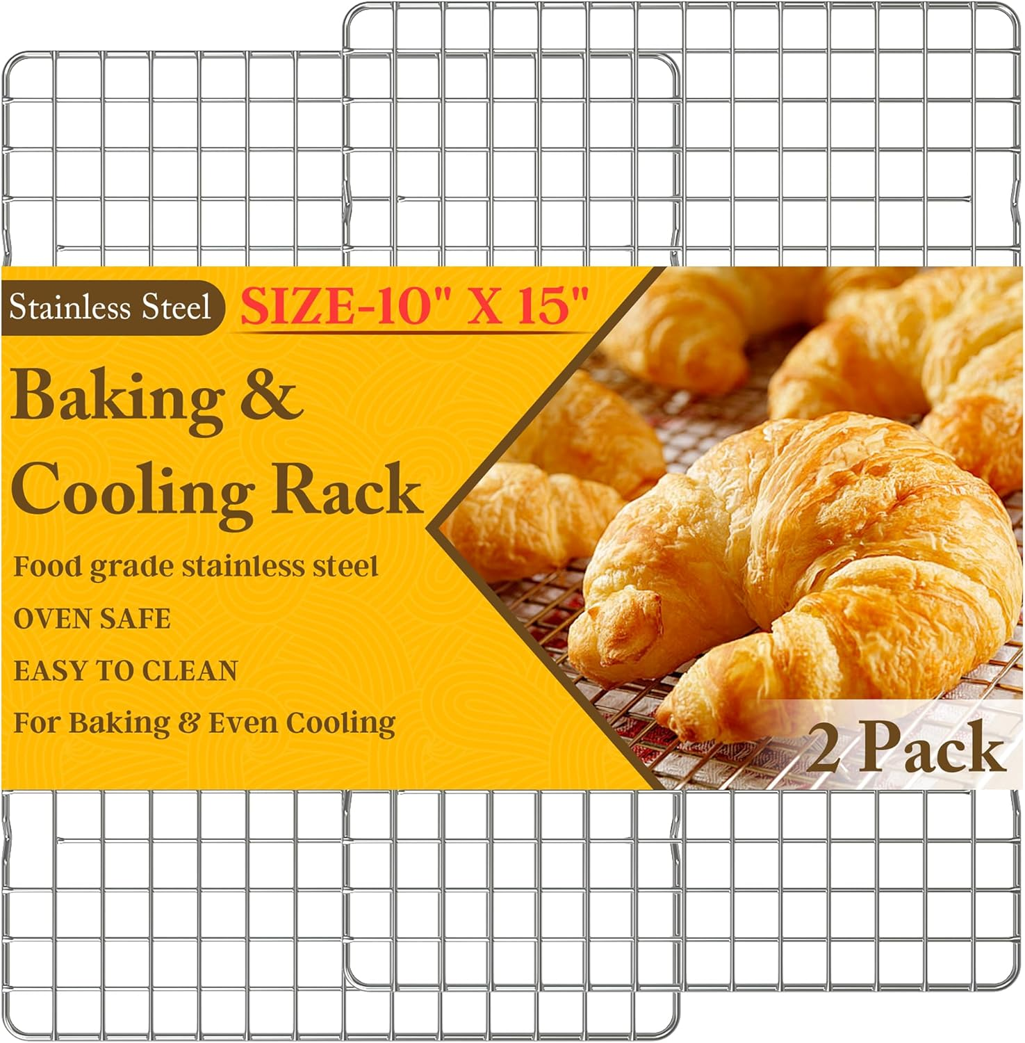 2PCS Cooling Racks for Cooking and Baking - 10" X 15"Heavy Duty Stainless Steel Wire Rack for Baking, Grilling, Roasting - Oven & Dishwasher Safe - Fits Jelly Roll Sheet Pan-Silver image number 1