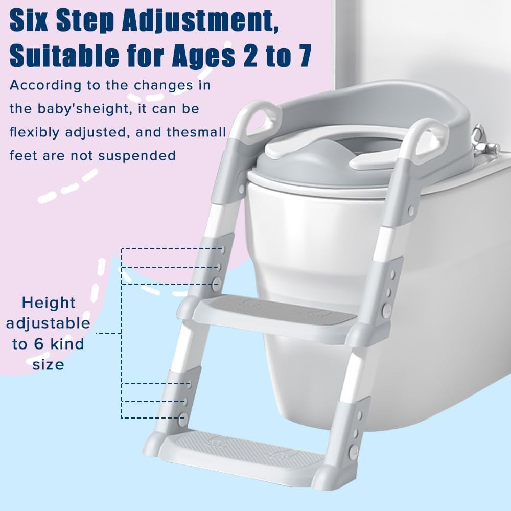 Yakiter Potty Training Seats, Kids Toilet Training Seat with Step Stool, Adjustable Height Ladder Guard Handle Soft Cushion White, Step Stool 2 in 1 Foldable Chair for Baby Toddler Boys Girls (Grey) image number 5
