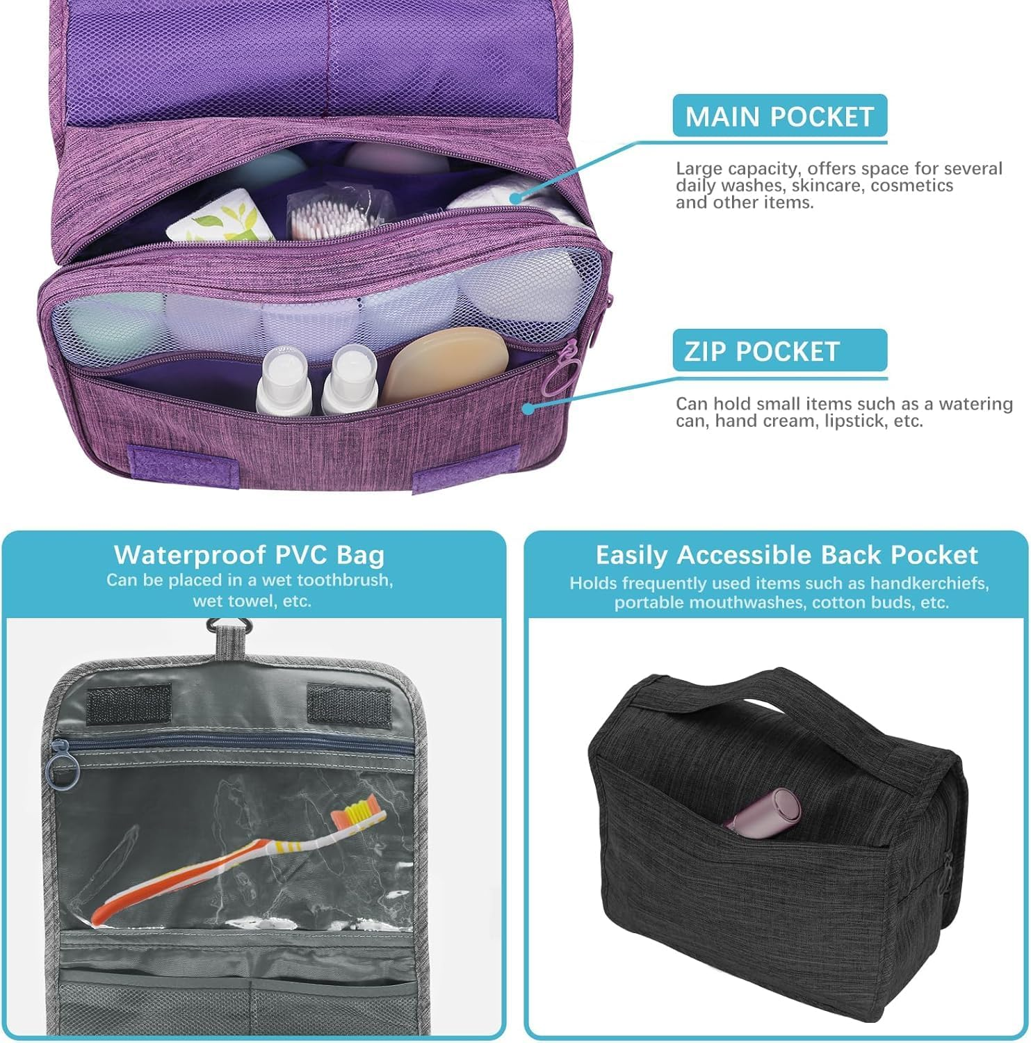 Hanging Toiletry Bag, Foldable Travel Toiletry Bag, Cosmetic Wash Bag with Zipper Carry Handle, Waterproof Makeup Bag Organizer Pouch for Men and Women Grey image number 5