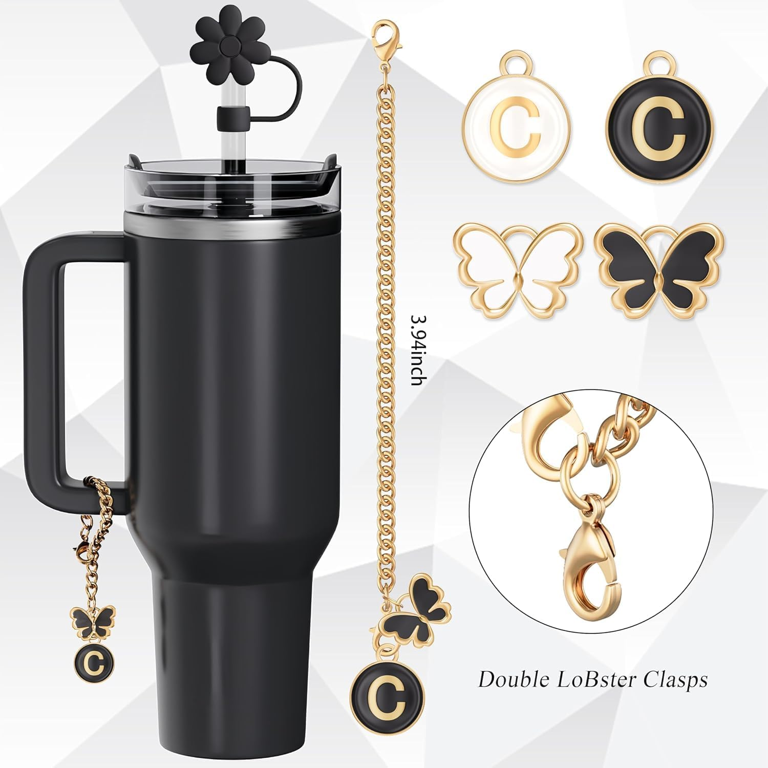 3PCS Straw Cover Cap for Stanley Cup 30&40 Oz 10Mm Reusable Straw Topper with 2PCS Stanley Cup Accessories Butterfly Initial Personalized Letter Charms Name ID Charm for Stanley Tumble (Letter Q) image number 4