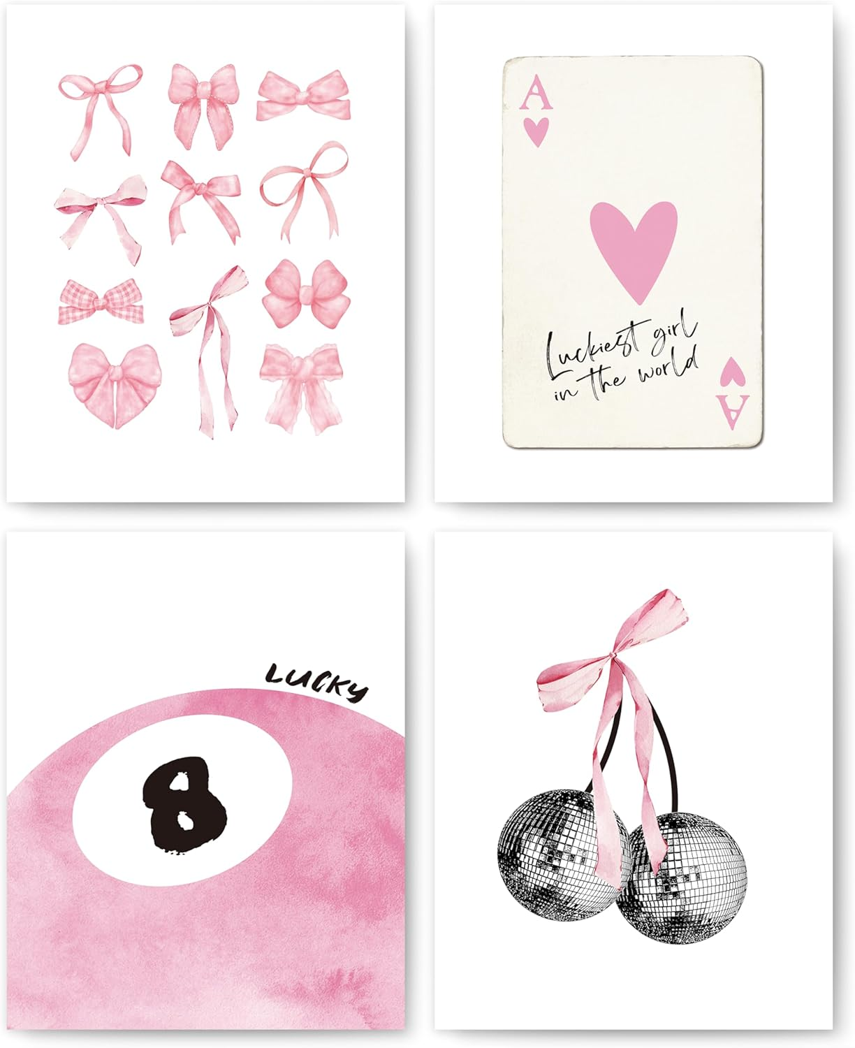 Okaxscm Pink Coquette Trendy Preppy Wall Art Prints Set of 4, Coquette Room Decor, Preppy Room Decor Aesthetic, Pink Bow Disco 8 Ball Cherry Wall Decor Posters for Girls Bedroom Dorm, 8X10 Unframed image number 4