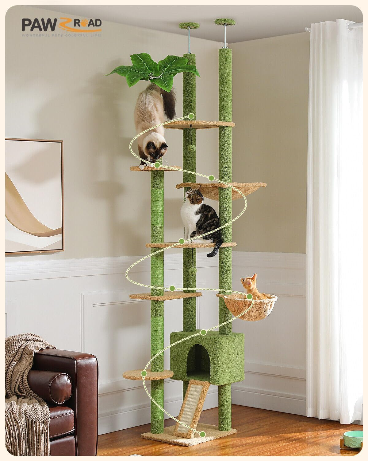 PAWZ Road Cat Tree, Floor to Ceiling Cat Tower Height Adjustable(230-252Cm), Cactus Cat Climbing Tree with Cat Condo, Cozy Hammock and Cat Scratching Posts for Indoor Large Cats, Green