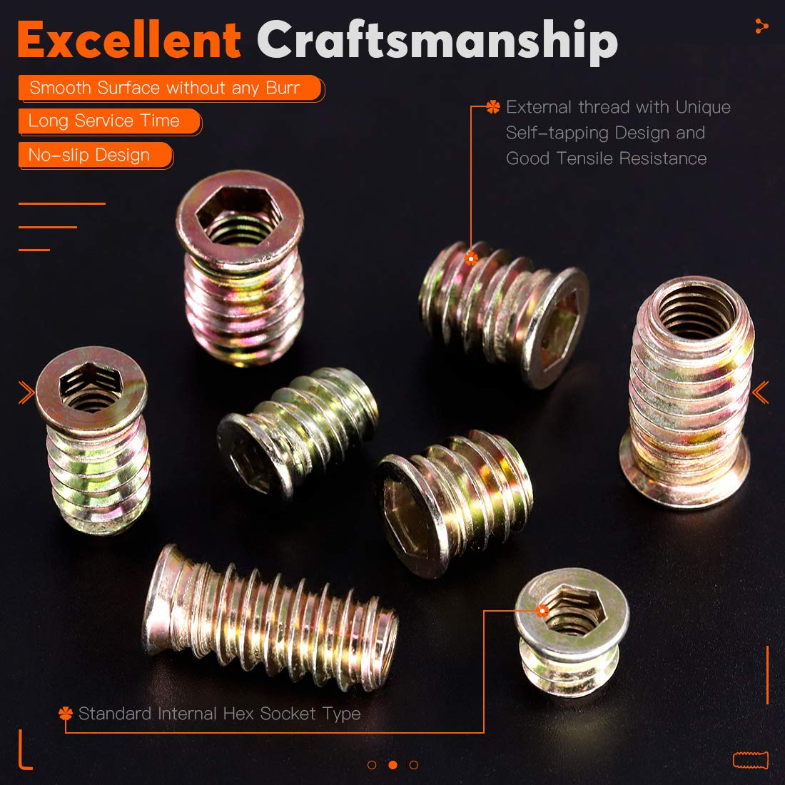 Rustark 120 Pcs 1/4" and 5/16" Carbon Steel Zinc Plated Color Threaded Insert Nuts Assortment Set Screw-In Nut Hex Socket Drive Wood Bolt Fastener Connector for Wooden Furniture image number 4