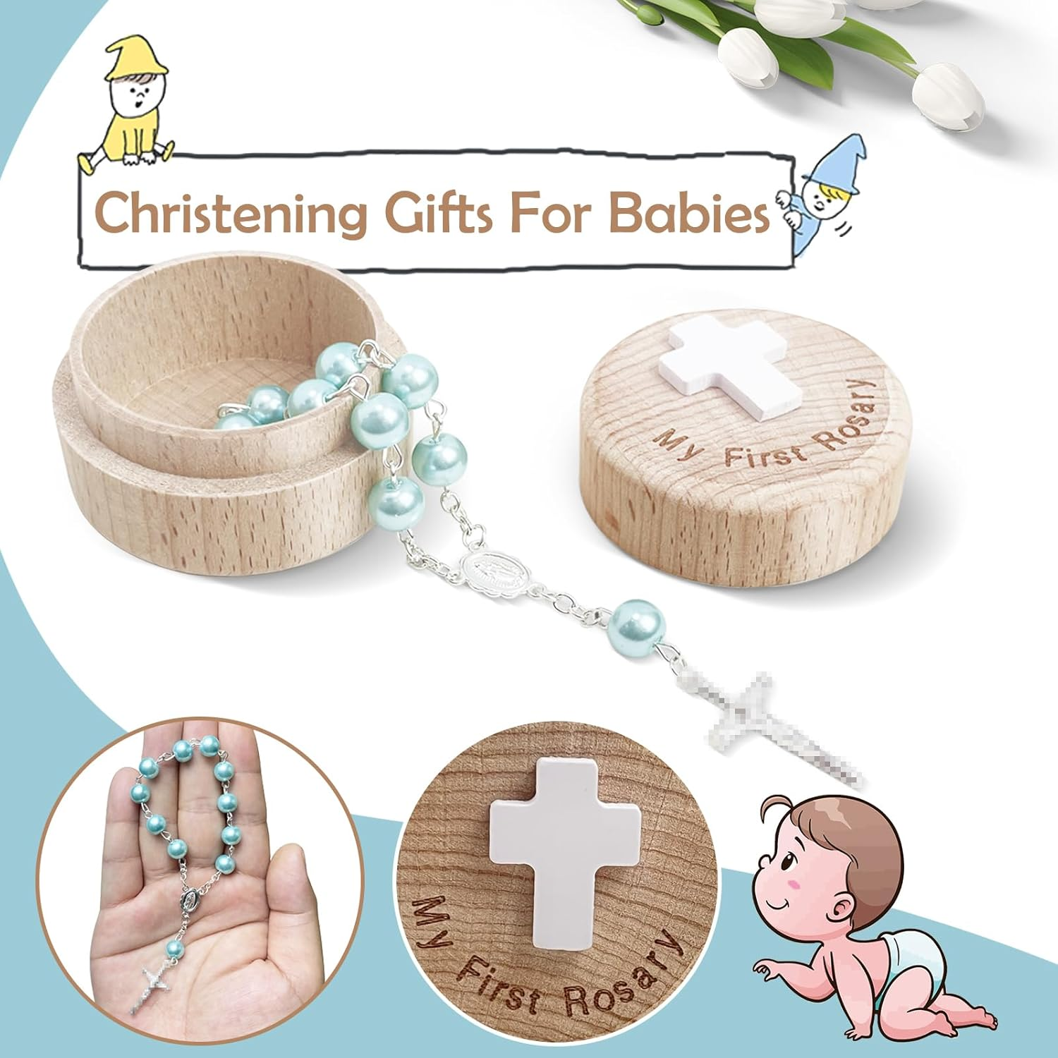 My First Rosary, Baby Rosary Baptism Keepsake Box, Baby Rosary Catholic Baptism Gifts for Boys, Rosary for Baby Birthday Baby Shower - Pink image number 3