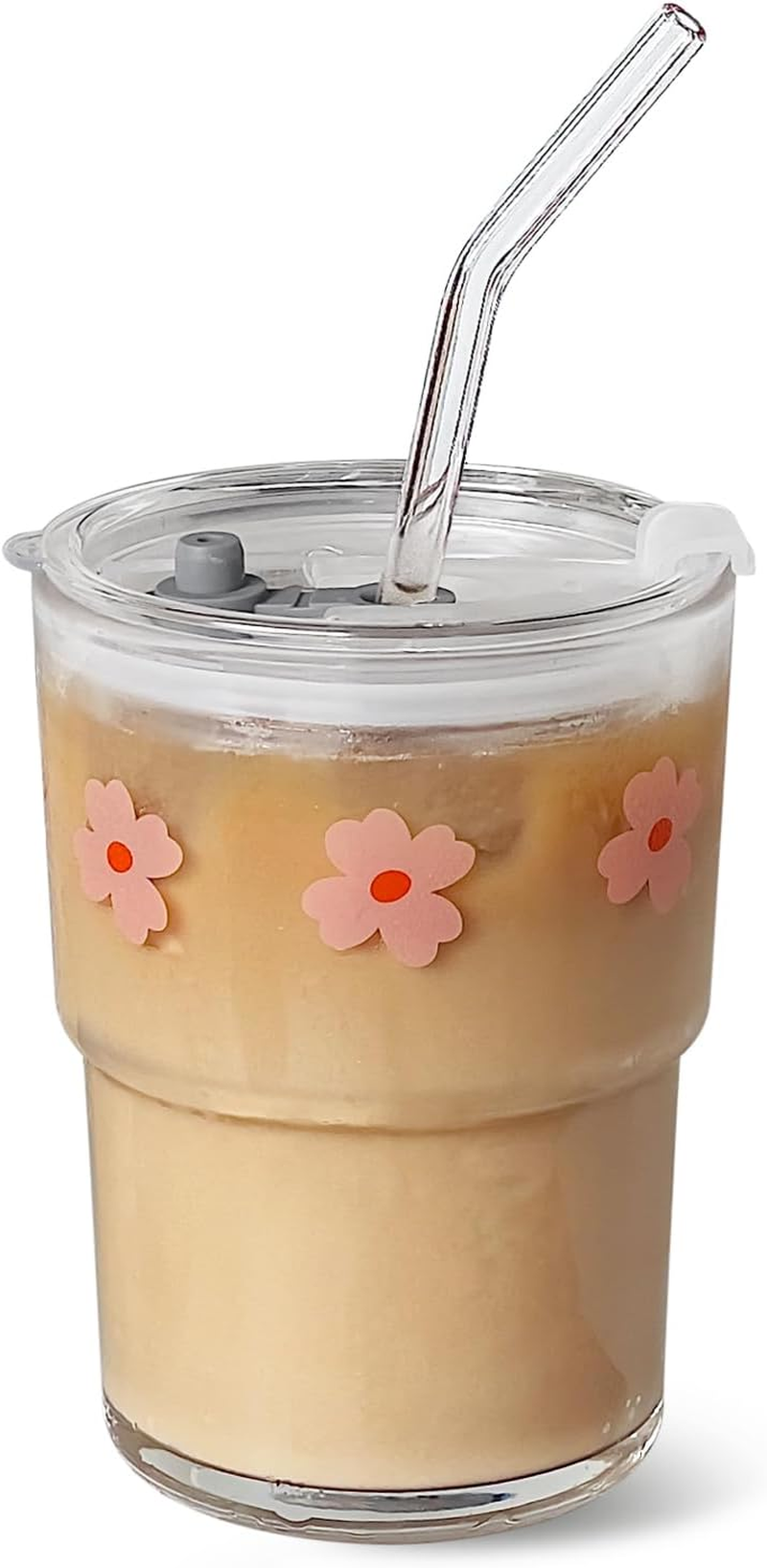 Olvini 13Oz Glass Tumbler with Glass Straw and Lid, Iced Coffee Cups Reusable, Water Cup, Coffee Tumbler, Glass Coffee Mugs, Drinking Glass Cups (Pink Flower) image number 3