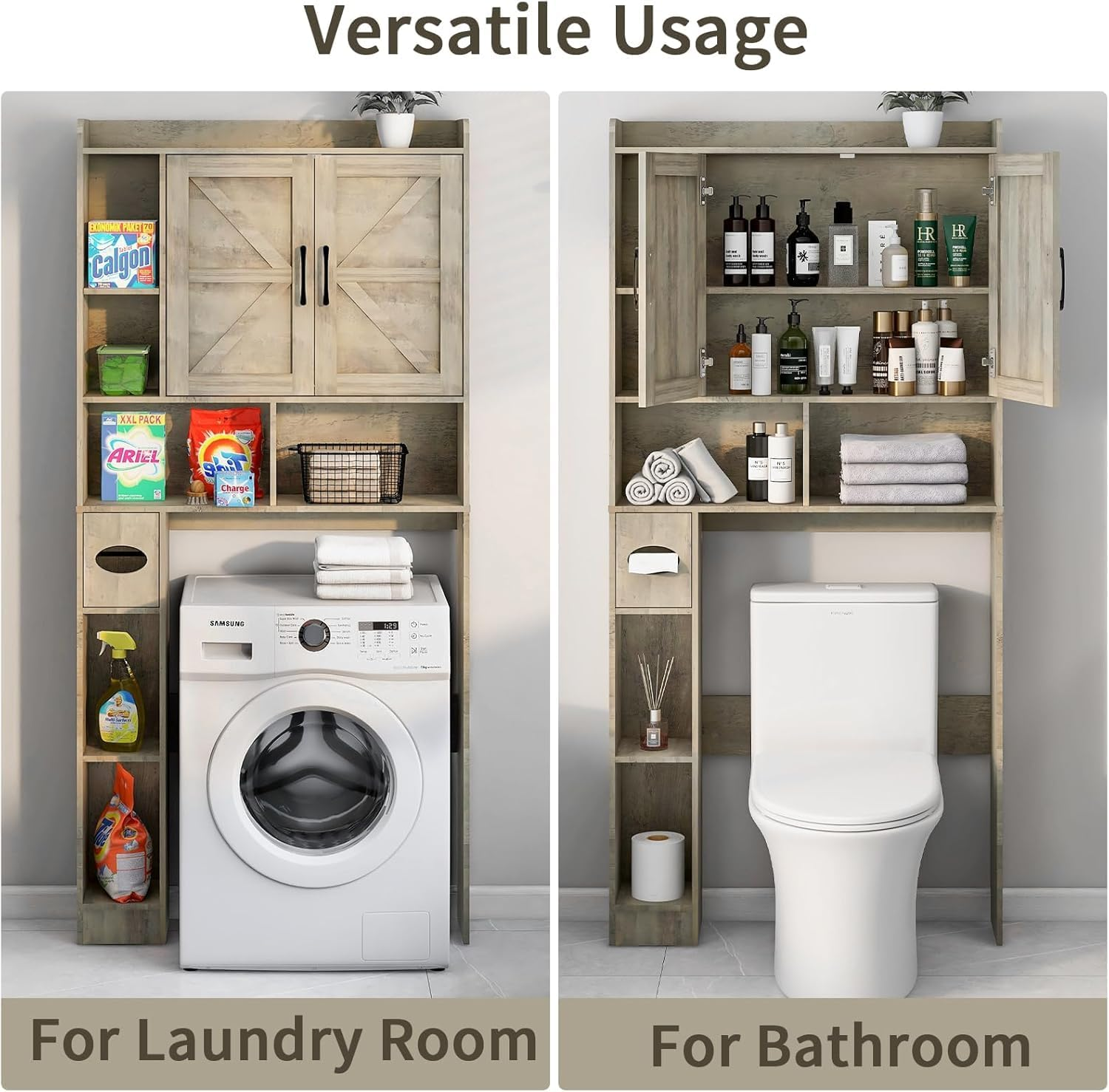 Lumoti Grey over the Toilet Storage Cabinet, Multi-Tier Bathroom Shelf over Toilet with Tissue Holder and Doors, Space Saver Bathroom Cabinet for Laundry Room Restroom image number 1