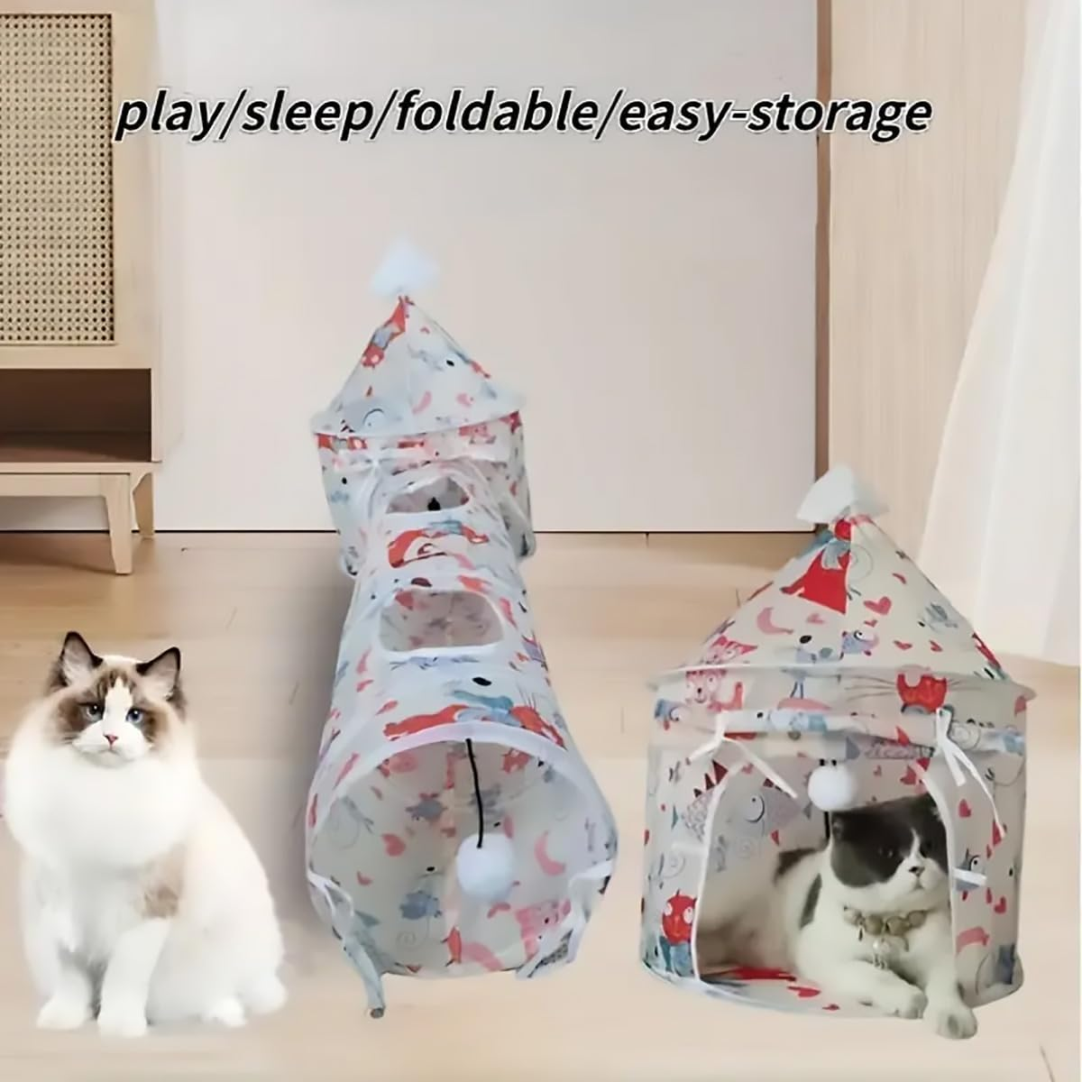 AIMALL Foldable Cat Tunnel and Tent Set 17.7X25.2 in Tent with 9.8X37In Tunnel Polyester Indoor Playhouse for Kittens Sleeping Crawling Drilling Interactive Cat Toy