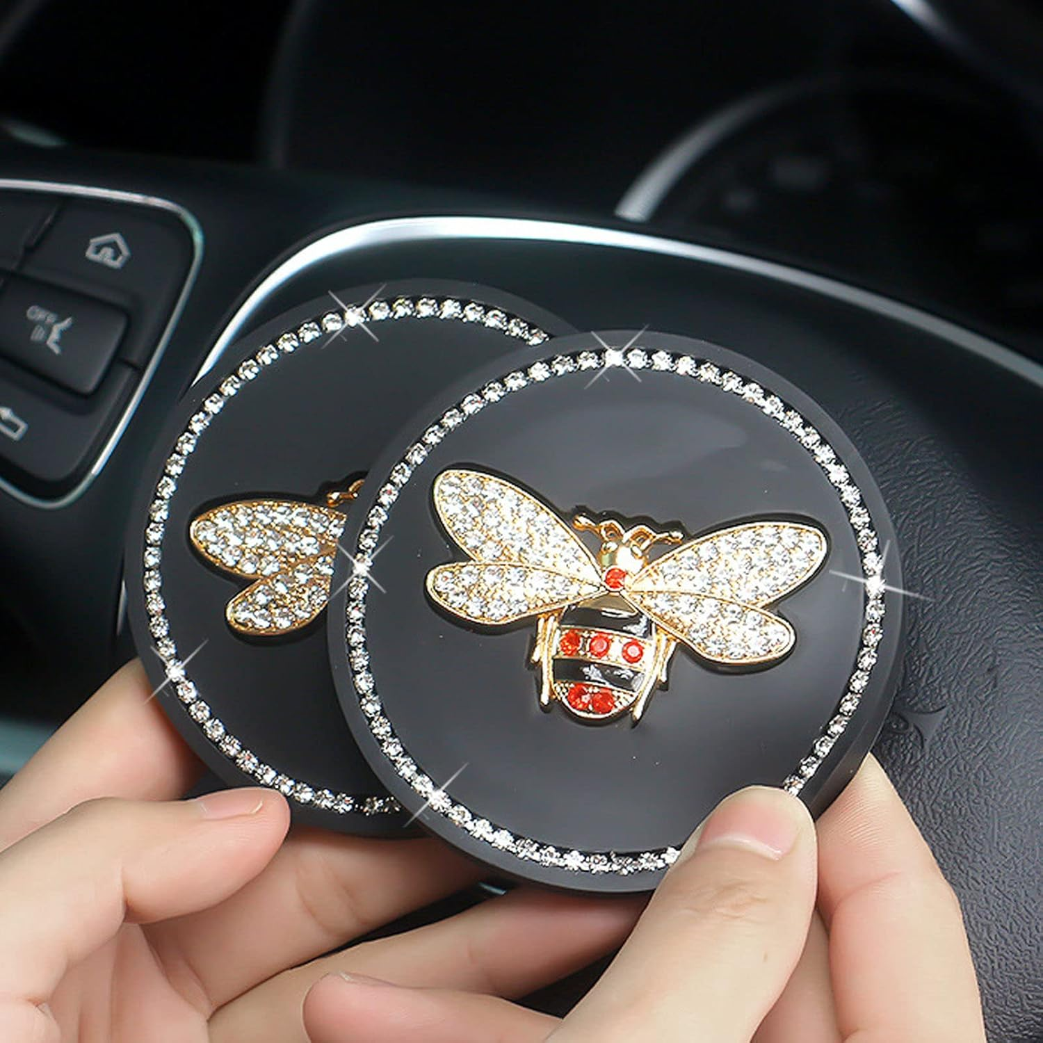 Bling Cup Holder Insert Coaster- 2.95 Inch Silicone Anti-Slip Shockproof, Universal Fashion Car Interior Accessories for Women (Bee, 2 PCS) image number 3