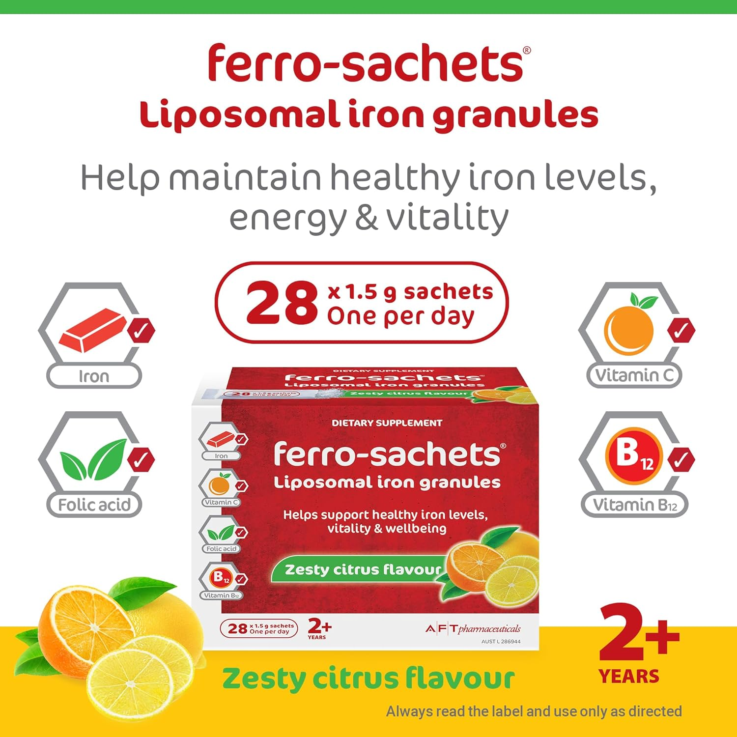 Ferro-Sachets Iron Supplement - Liposomal Iron Granules with Added Vitamin C, Folic Acid and Vitamin B12. Energy and Vitality. Adults. Kids. Vegan image number 1