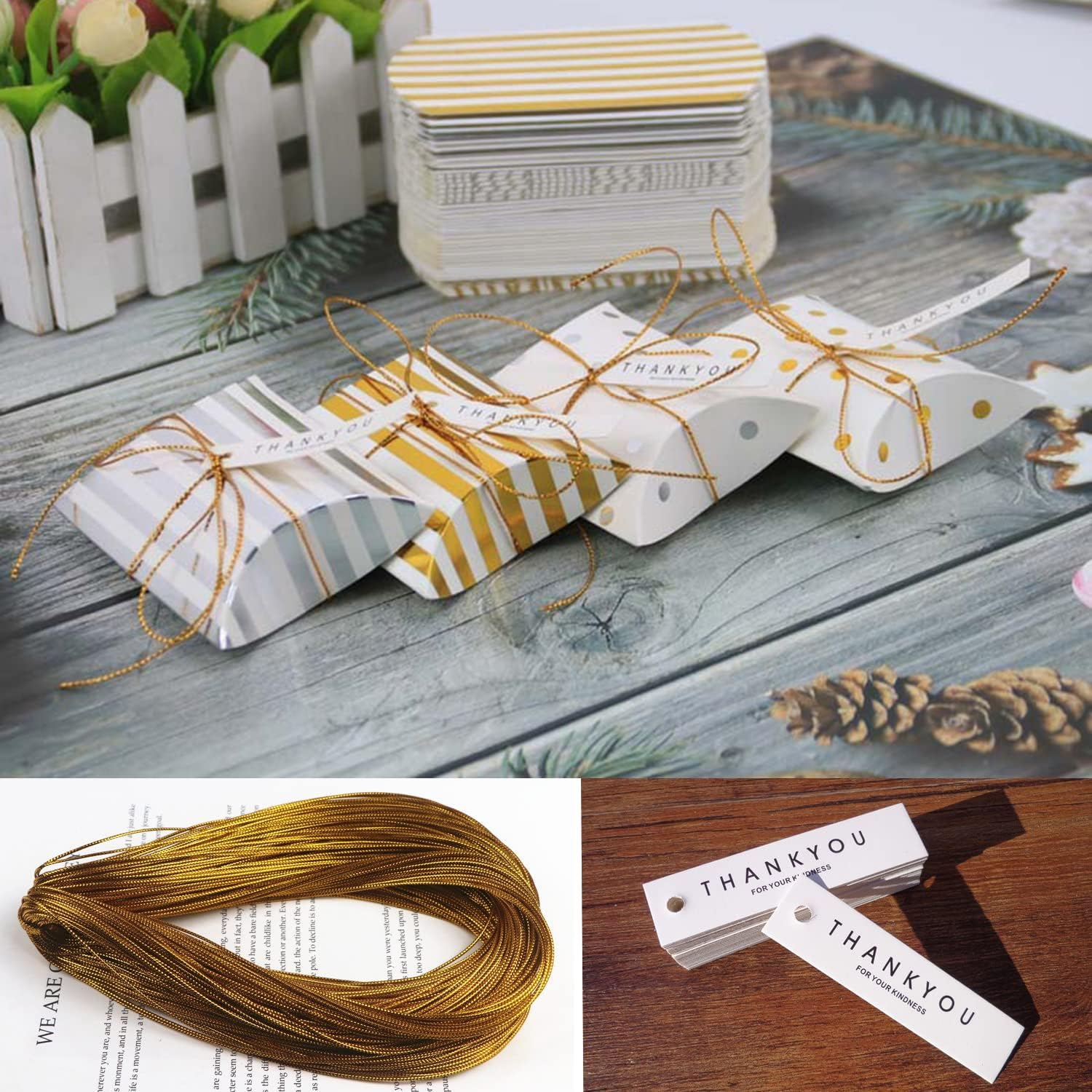 Paifeancodill Pillow Gift Boxes with Gold Ropes, 52 Pcs Small DIY Gift Candy Chocolate Boxes, Wedding Favor Boxes, Paper Gift Boxes, Small Gift Boxes with Ropes, Easy Assemble Boxes for Party Banquet image number 1