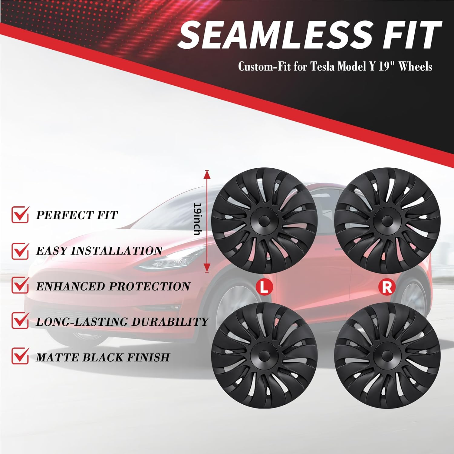 LPZAKVE Tesla Model Y Wheel Covers 19 Inch, Symmetrical Matte Black Hubcaps Accessories Fit to Tesla Model Y 2024 to 2021, Set of 4 Pcs Rim Protector (Storm Style B) image number 2