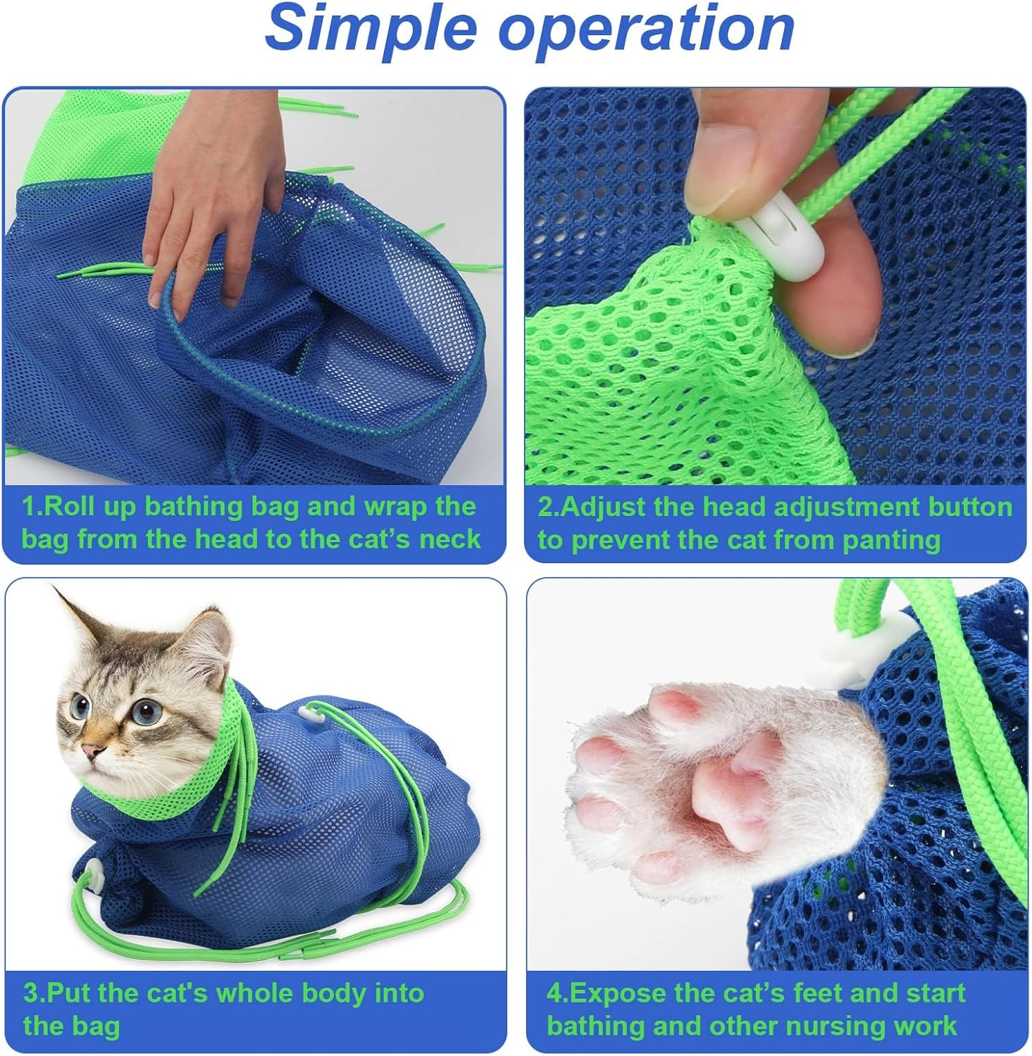 MJIYSGS Cat Bathing Bag, Breathable Mesh Anti-Scratch Adjustable, Polyester Soft for Nail Trimming,Bathing,Grooming (Blue-Green)