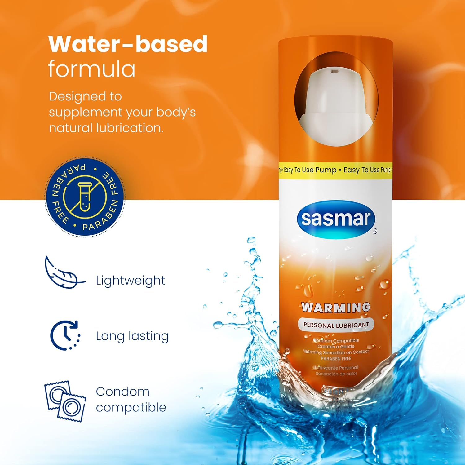 SASMAR Warming Lubricant - Enhanced Intimacy for Men, Women, Couples - Water-Based Personal Lube for Him and Her - Long-Lasting, Toy-Friendly and Condom Safe, Paraben-Free, No Residue, 2.3 Oz image number 1