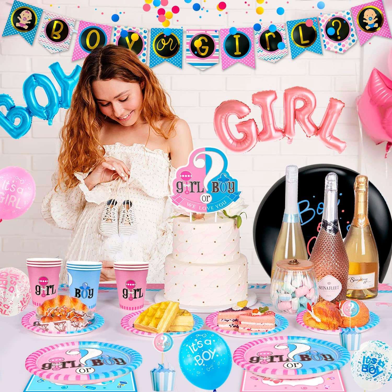 Gender Reveal Party Supplies,118Pcs Gender Reveal Party Decorations & Tableware Set- Gender Reveal Plates and Napkins and Cups and Tableware & Boy or Girl Banner Balloons Fringe Photo Booth Props Etc image number 4