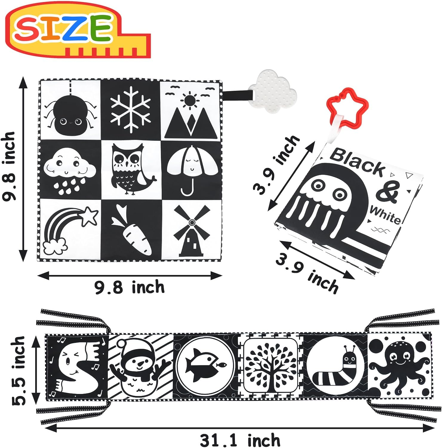 KUANGO Newborn Toys Black and White Baby Toys 0-3 Months High Contrast Baby Toys for Newborn - High Contrast Baby Soft Book Infant Tummy Time Toys Crinkle Sensory Toys for Brain Development image number 3