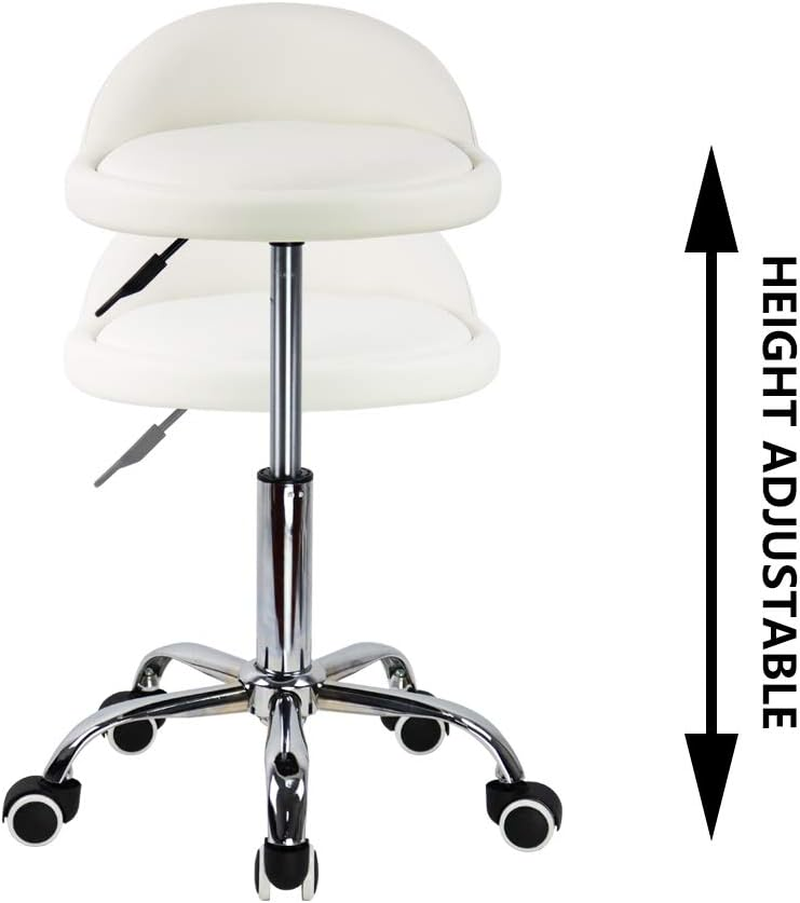 KKTONER PU Leather round Rolling Stool with Back Rest Height Adjustable Swivel Drafting Work SPA Task Chair with Wheels (White) image number 5