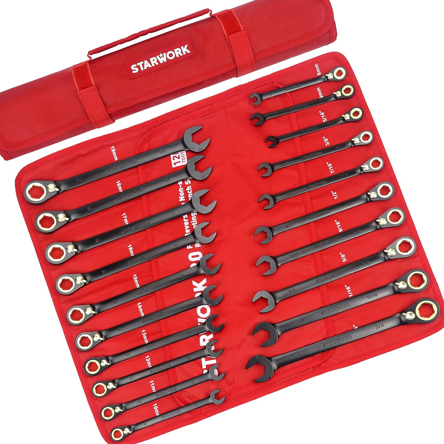 STARWORK TRUE MECHANIC&trade; 20 Pc. 120T Reversible Ratcheting Combination Wrench Set, Non-Slip, Long Pattern, SAE, Metric, Professional, with Portable Roll-Up Pouch Bag image number 5