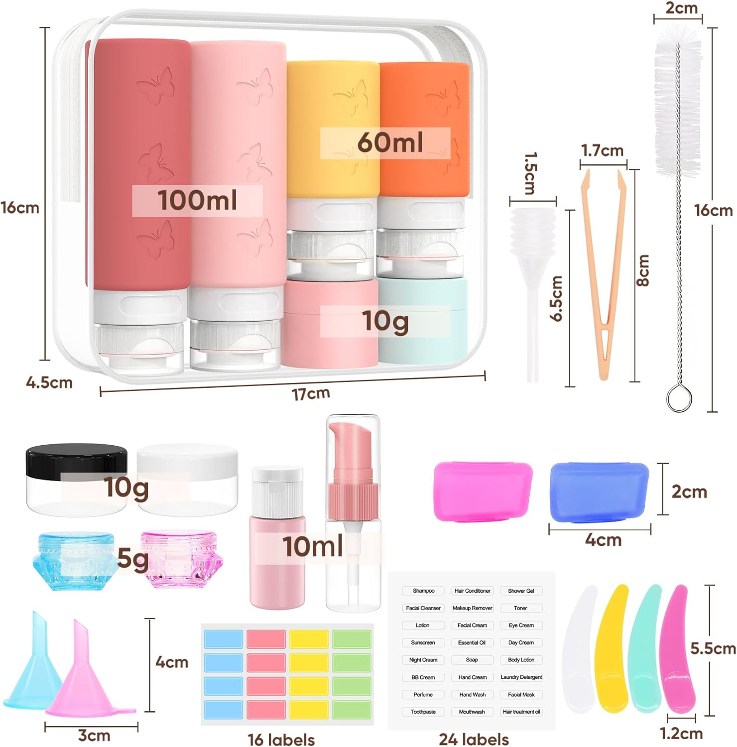 26 Pcs Travel Bottles Set for Toiletries, Squeezable Travel Bottles for Toiletries, Empty Leak Proof Refillable Silicone Travel Containers Set for Shampoo Conditioner, TSA Approved Travel Accessories - Orange/Yellow/Light Pink/Peach image number 6